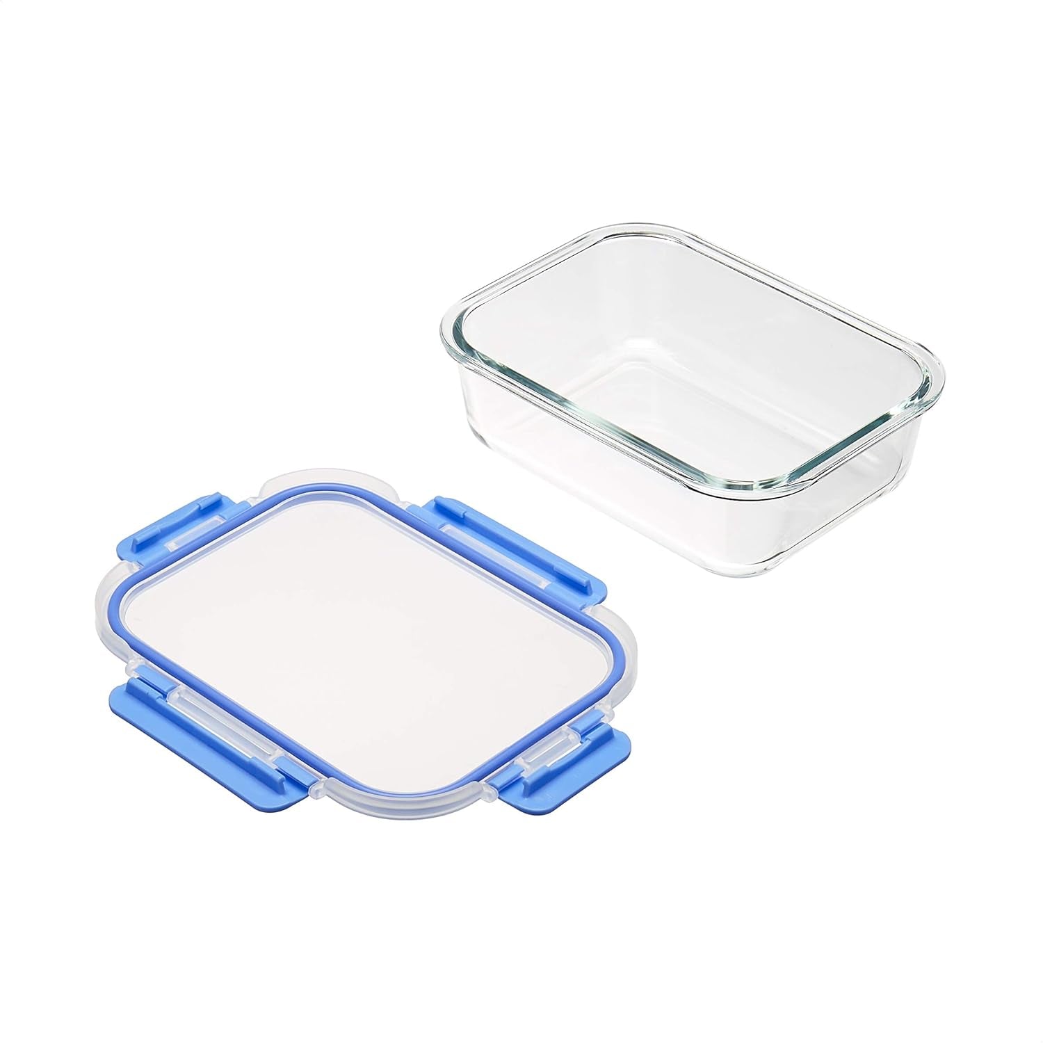 Amazon Basics Contenitori per alimenti con coperchi ermetici in vetro, set da 14 pezzi, 7 contenitori e 7 coperchi, senza BPA, trasparenti con nastro in silicone blu Scatole per alimenti Naty Shop