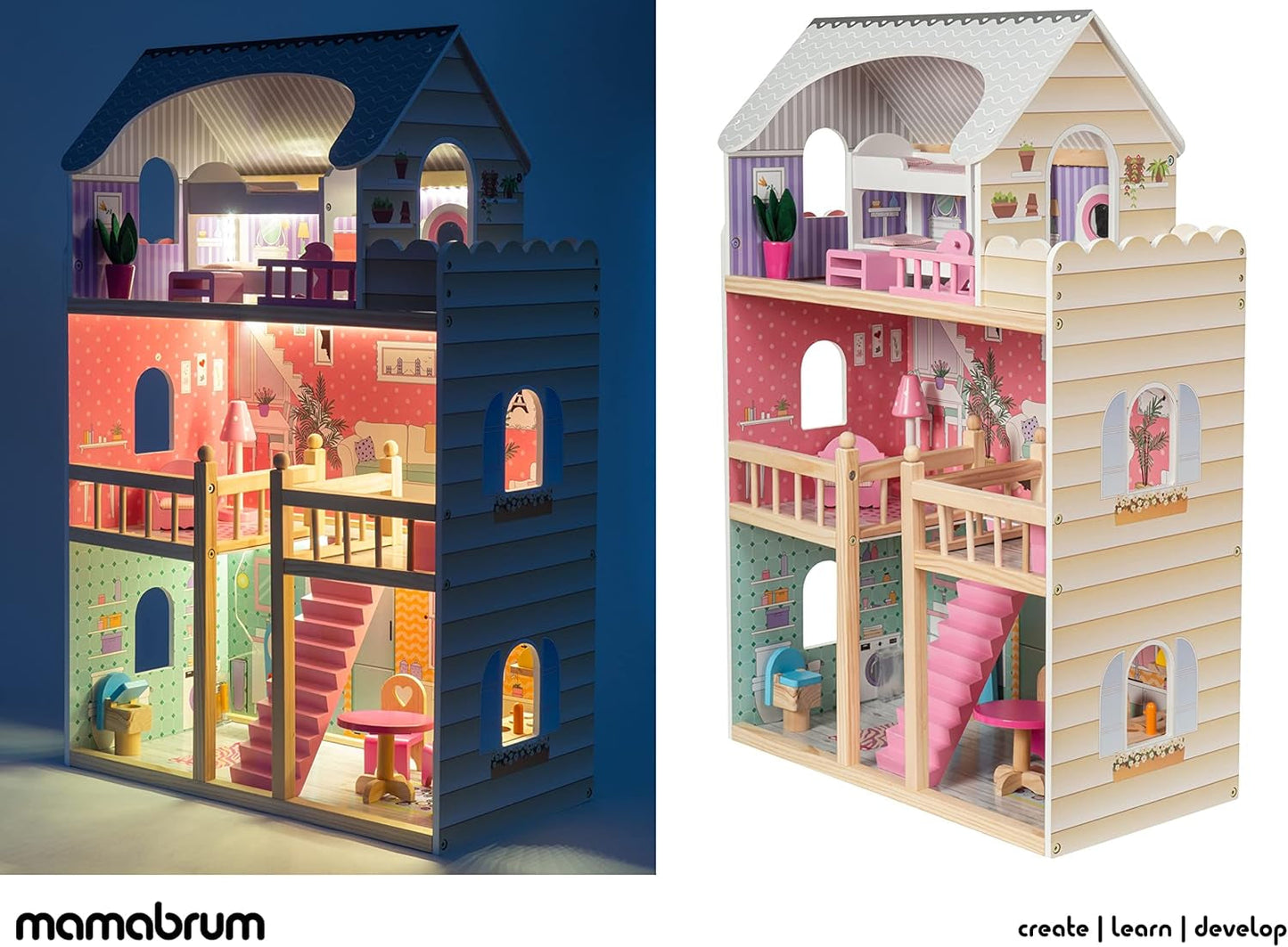 A405 Casa delle bambole illuminata a LED - Set di 3 piani e mobili - Casetta in legno con accessori: cucina, bagno, camera da letto - Regalo per ragazze dai 3 anni in su Case delle bambole Naty Shop