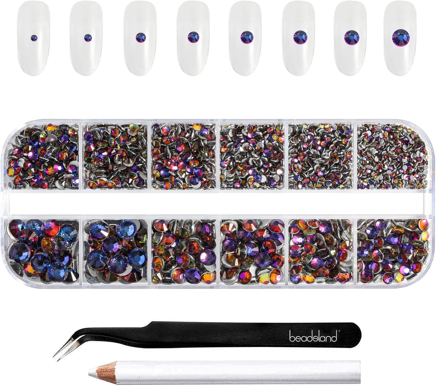 Beadsland 2500 pezzi di vetro per nail art strasssteine ​​​​Kristall Flatback Edelsteine ​​​​Runde, ​​für Handwerk Gemischt 8 Größen SS4 ~ SS30 con picking Pinzette e Stift (Kristall Weiss)