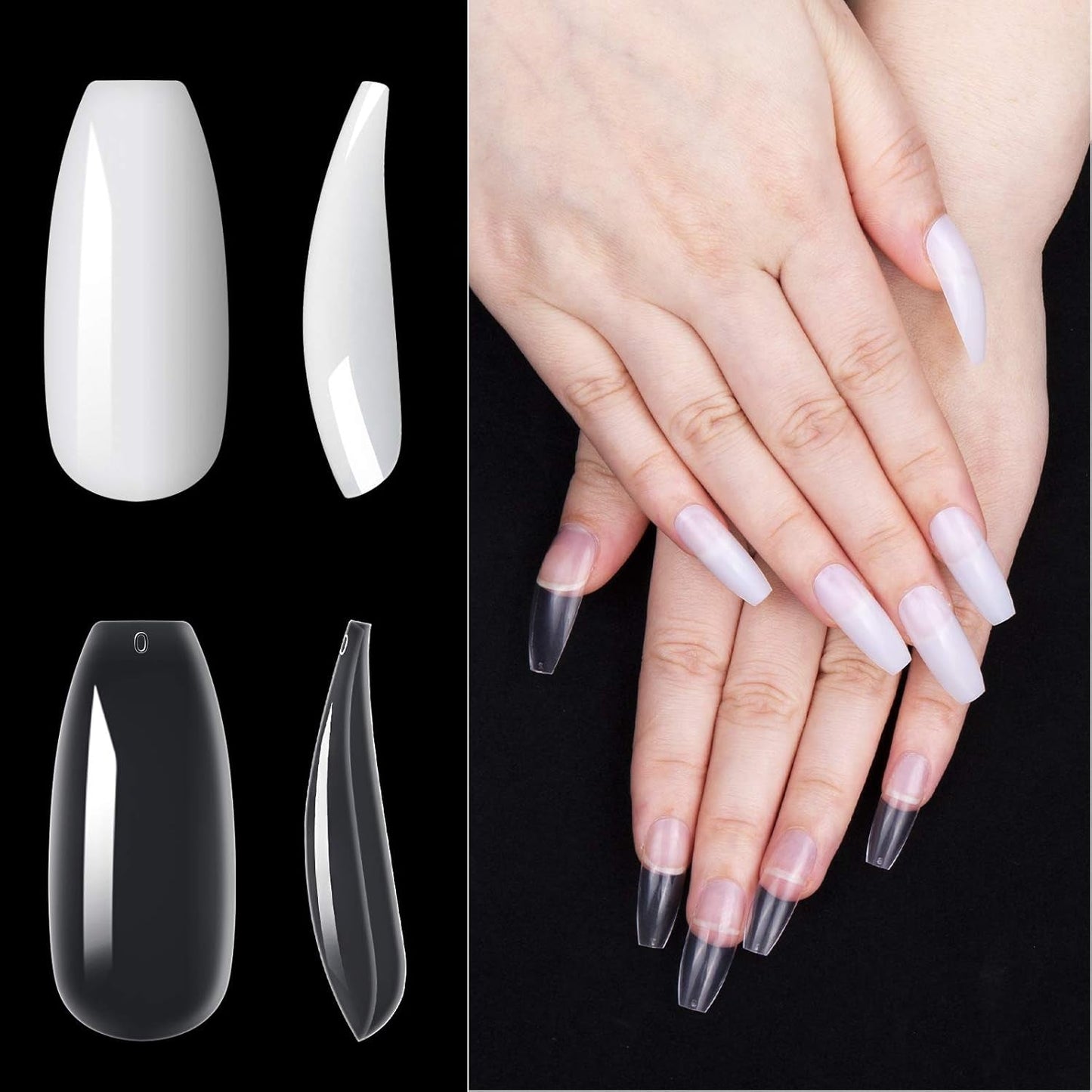 200 punte per unghie finte, 10 misure, unghie artificiali in acrilico con spingipelle e scatola trasparente per donne e ragazze (naturale e trasparente)