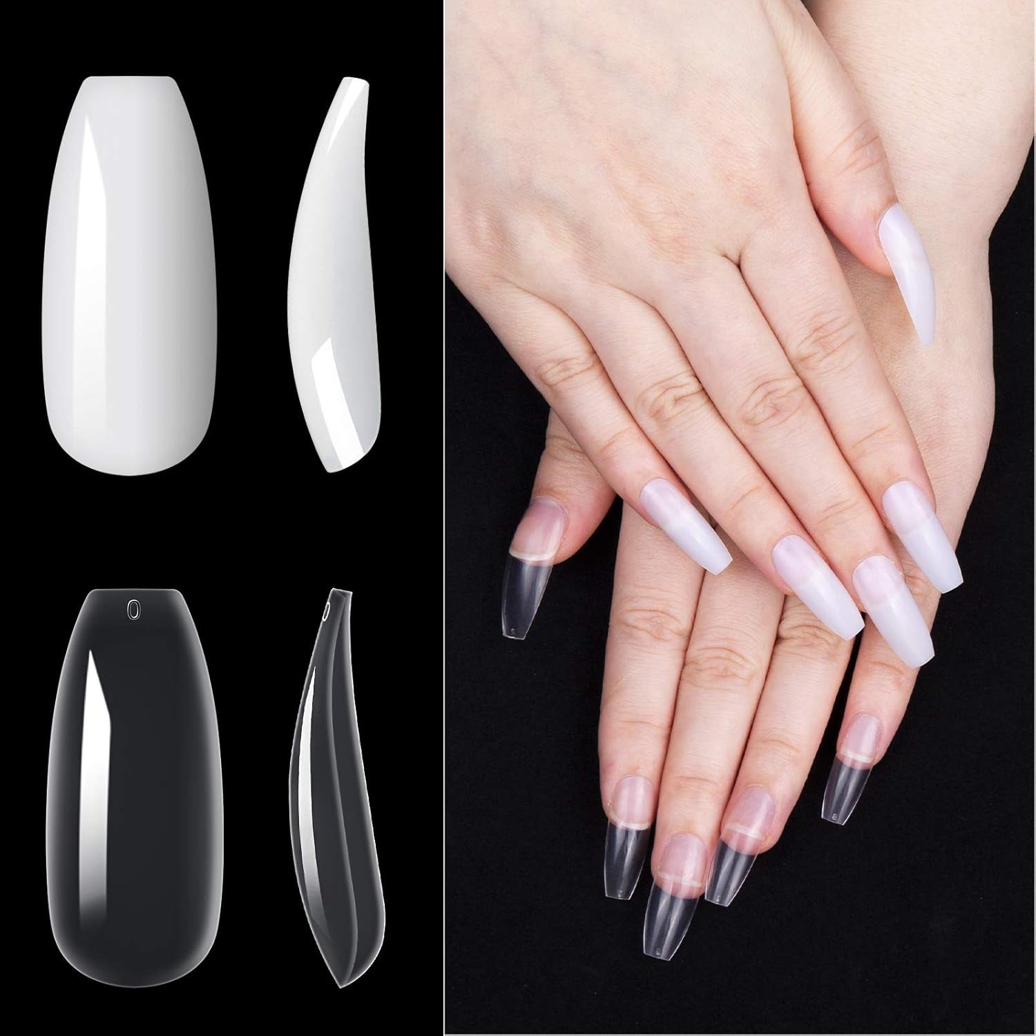 200 punte per unghie finte, 10 misure, unghie artificiali in acrilico con spingipelle e scatola trasparente per donne e ragazze (naturale e trasparente)