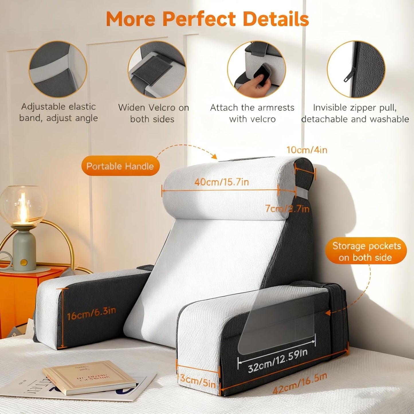 Ampio cuscino da lettura con supporto per collo e braccioli removibili, cuscino schienale per letto, cuscino schienale ergonomico con bracciolo, tasca e fodera lavabile per leggere e guardare la TV.