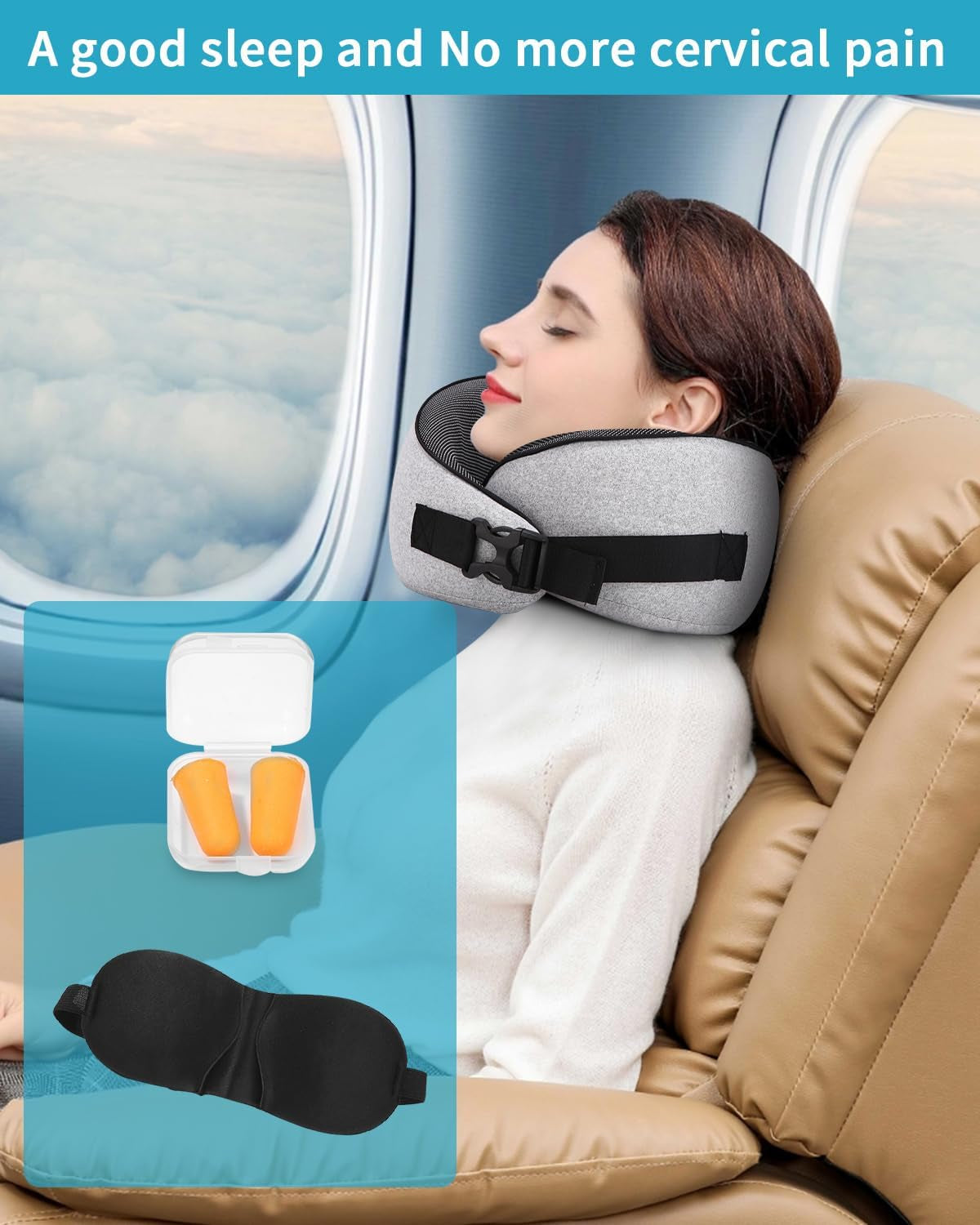 Cuscino per collo da aereo, Cuscino da viaggio in memory foam, Cuscino per collo per adulti, Cuscino da aereo regolabile e lavabile, Cuscino da viaggio ergonomico (Grigio) Cuscini ortopedici cervicali Naty Shop