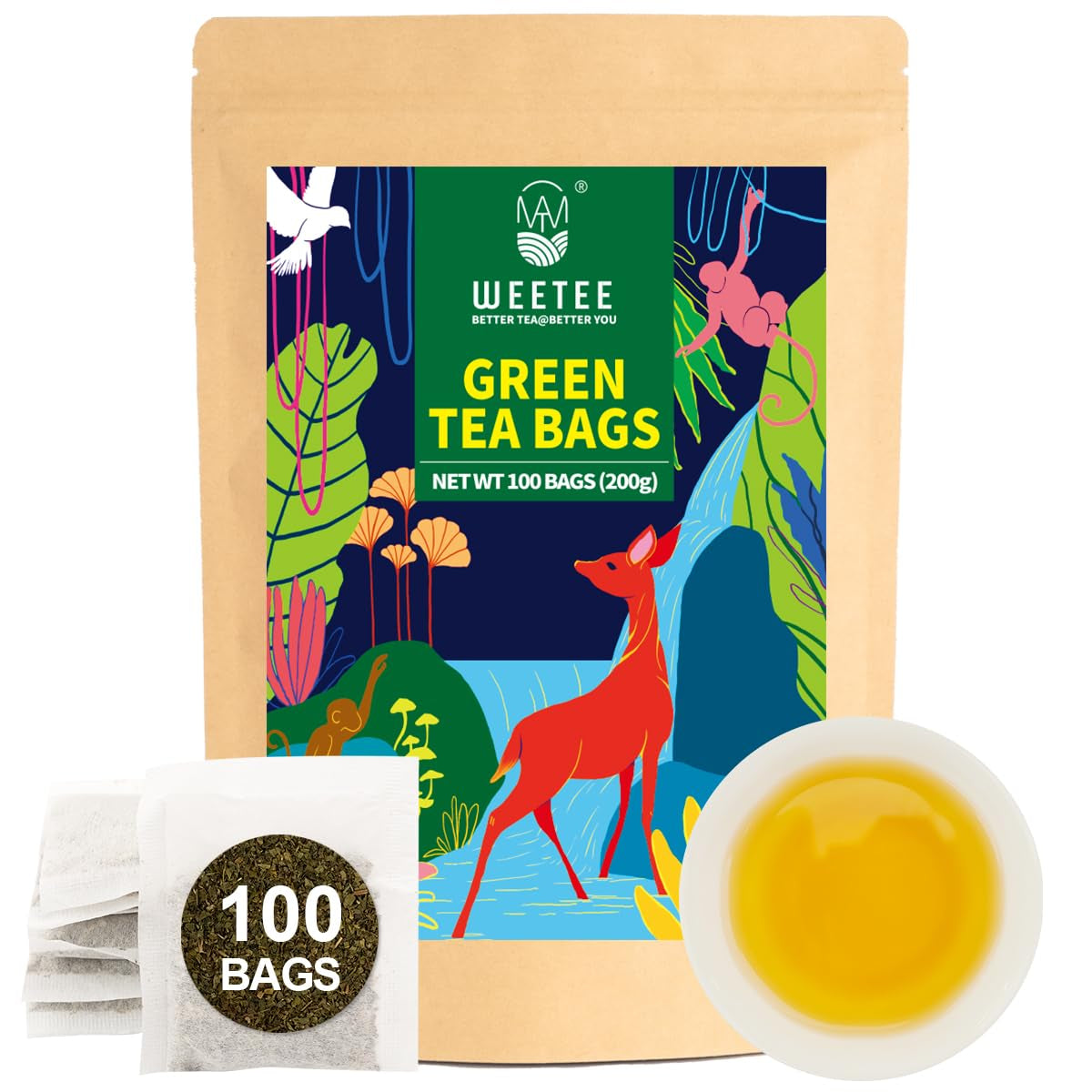 Bustine di tè verde WEETEE, bustine di tè verde da 100 pezzi, tè verde puro, super antiossidante | Bustine richiudibili | Preparazione calda o fredda