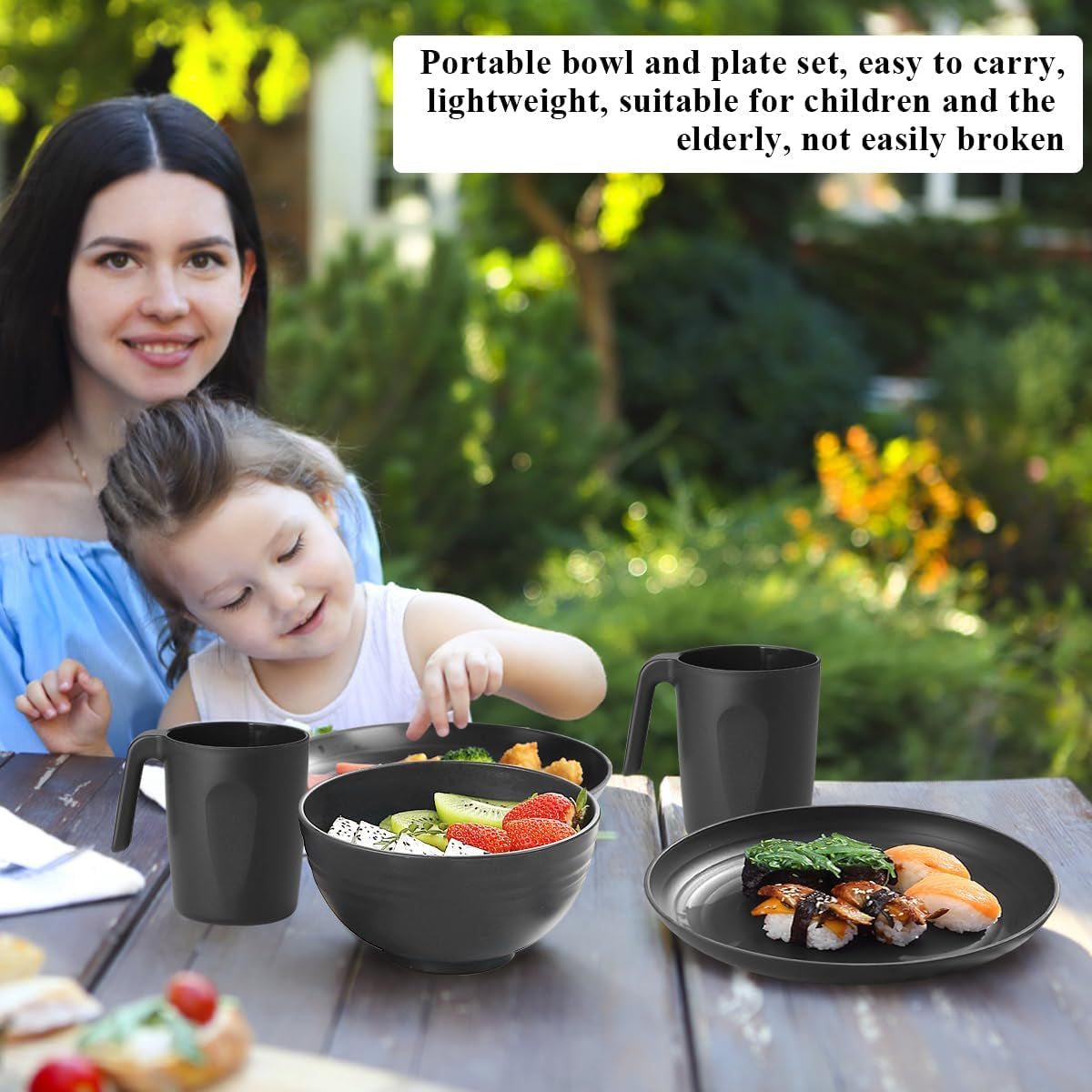 Berglander Set di stoviglie in plastica nera da 24 pezzi per 6 piatti e ciotole riutilizzabili, inclusi piatti piani, piatti da dessert, ciotole per cereali e tazze per casa, giardino e picnic
