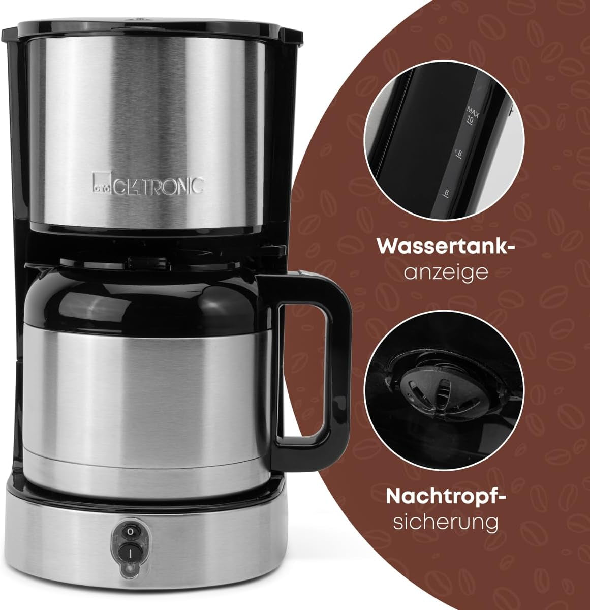 Caffettiera Clatronic® con caraffa thermos per 8–10 tazze di caffè (ca. 1,2 l) | Caffettiera con filtro in acciaio inox | Caraffa termica a doppia parete | Nessuna perdita di temperatura | Caffettiera 800 W | KA3805