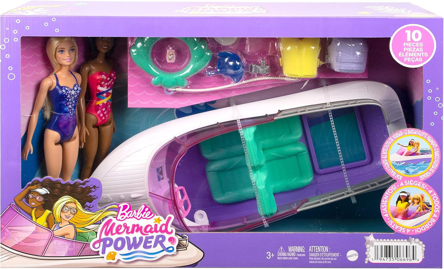 Barbie HHG60 - Barca a Motore Sirena con 2 Bambole (Bionda/Bruna) e Accessori Vari, Giocattolo per Bambini dai 3 Anni in su