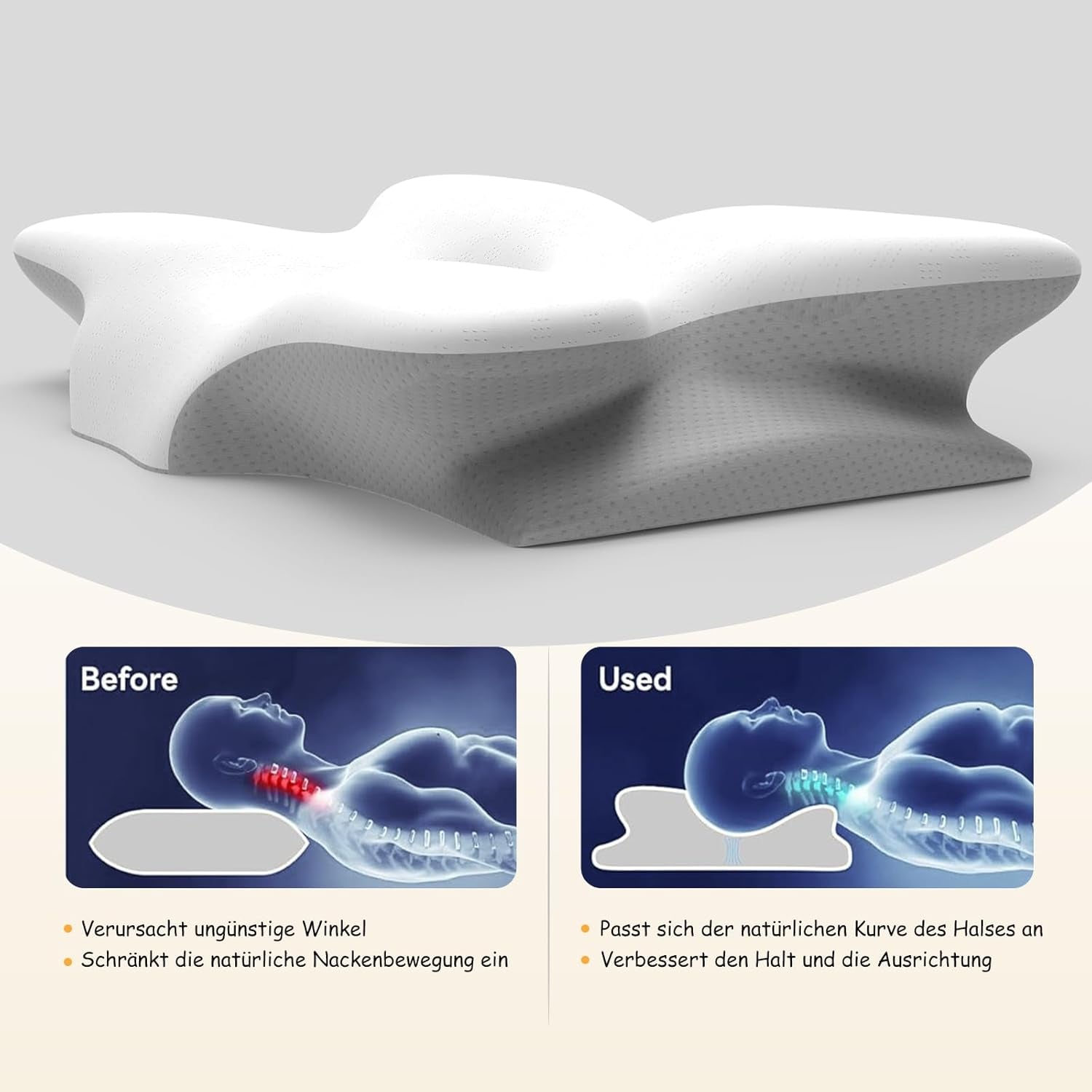 Cuscino cervicale ergonomico in memory foam con fodera lavabile rimovibile per sonno ortopedico, dolori al collo e dolori addominali (55X35X13 cm) Naty Shop Cuscini ortopedici cervicali