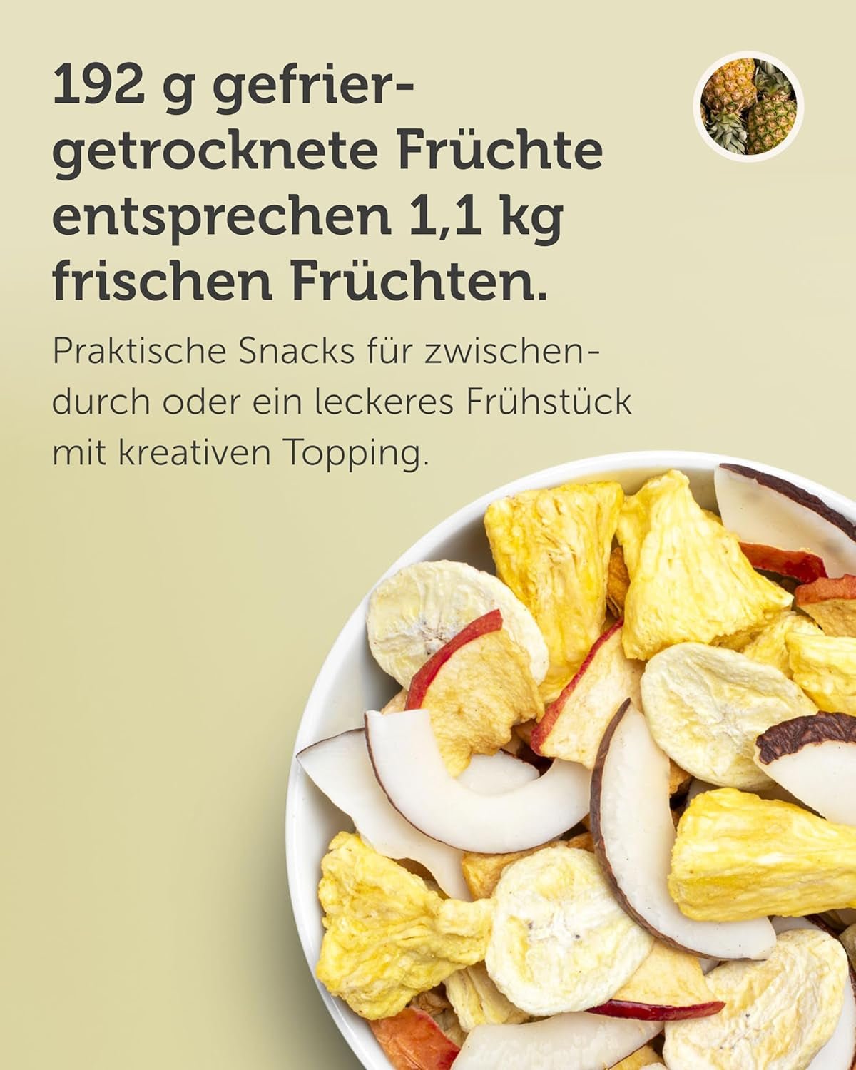 Mix di frutta liofilizzata BUAH® | Ananas, banane, mele e cocco liofilizzati senza zuccheri aggiunti | 100% frutta | Prodotti disidratati Naty Shop vegani, senza glutine, senza lattosio (192g).