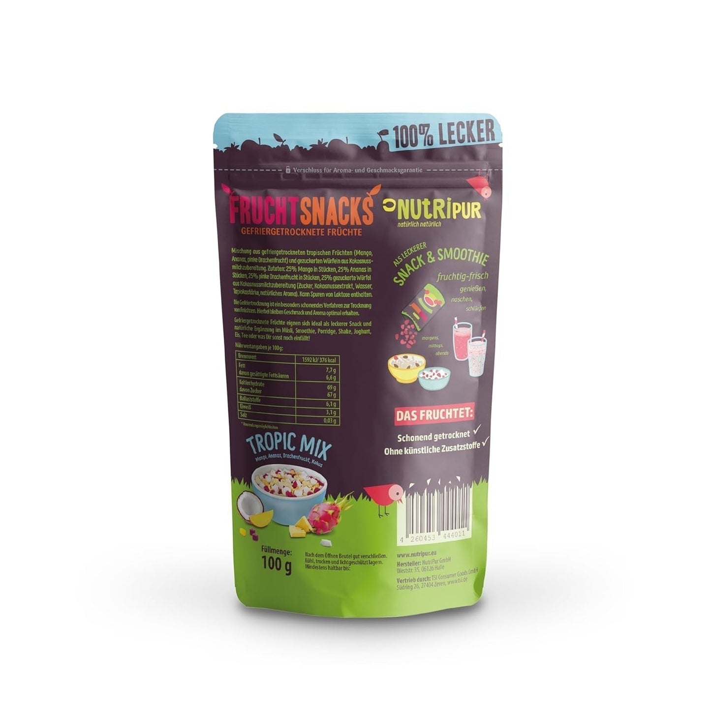 Miscela di frutta liofilizzata "Tropic-Mix" 100g I Frutti di bosco e frutta secca I Miscela di cocco, dragon fruit, mango e ananas I NutriPur Prodotti disidratati Naty Shop