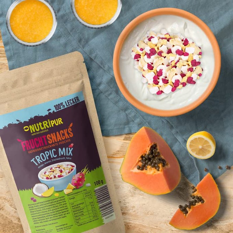 Miscela di frutta liofilizzata "Tropic-Mix" 100g I Frutti di bosco e frutta secca I Miscela di cocco, dragon fruit, mango e ananas I NutriPur Prodotti disidratati Naty Shop