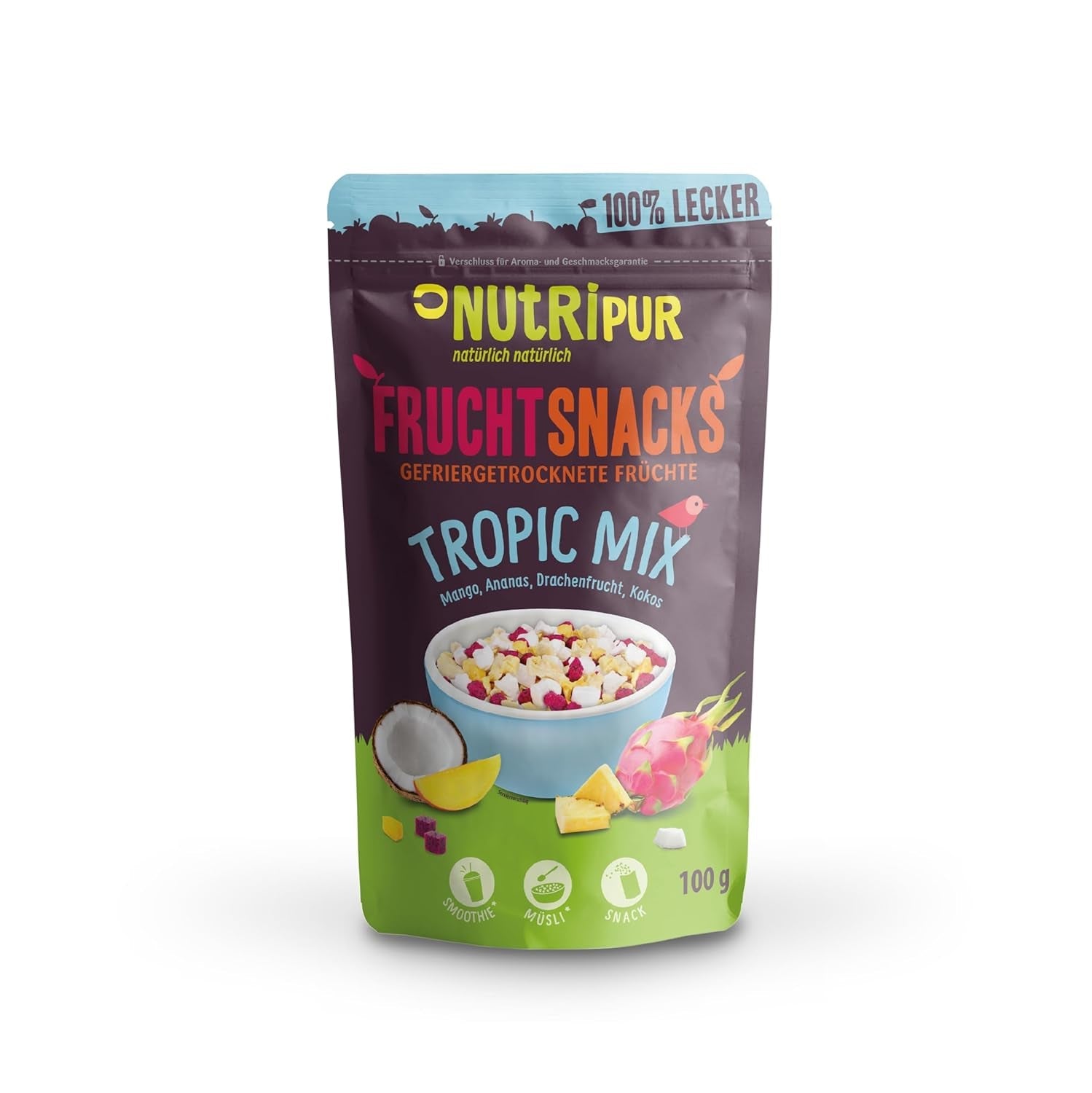 Miscela di frutta liofilizzata "Tropic-Mix" 100g I Frutti di bosco e frutta secca I Miscela di cocco, dragon fruit, mango e ananas I NutriPur Prodotti disidratati Naty Shop Titolo predefinito