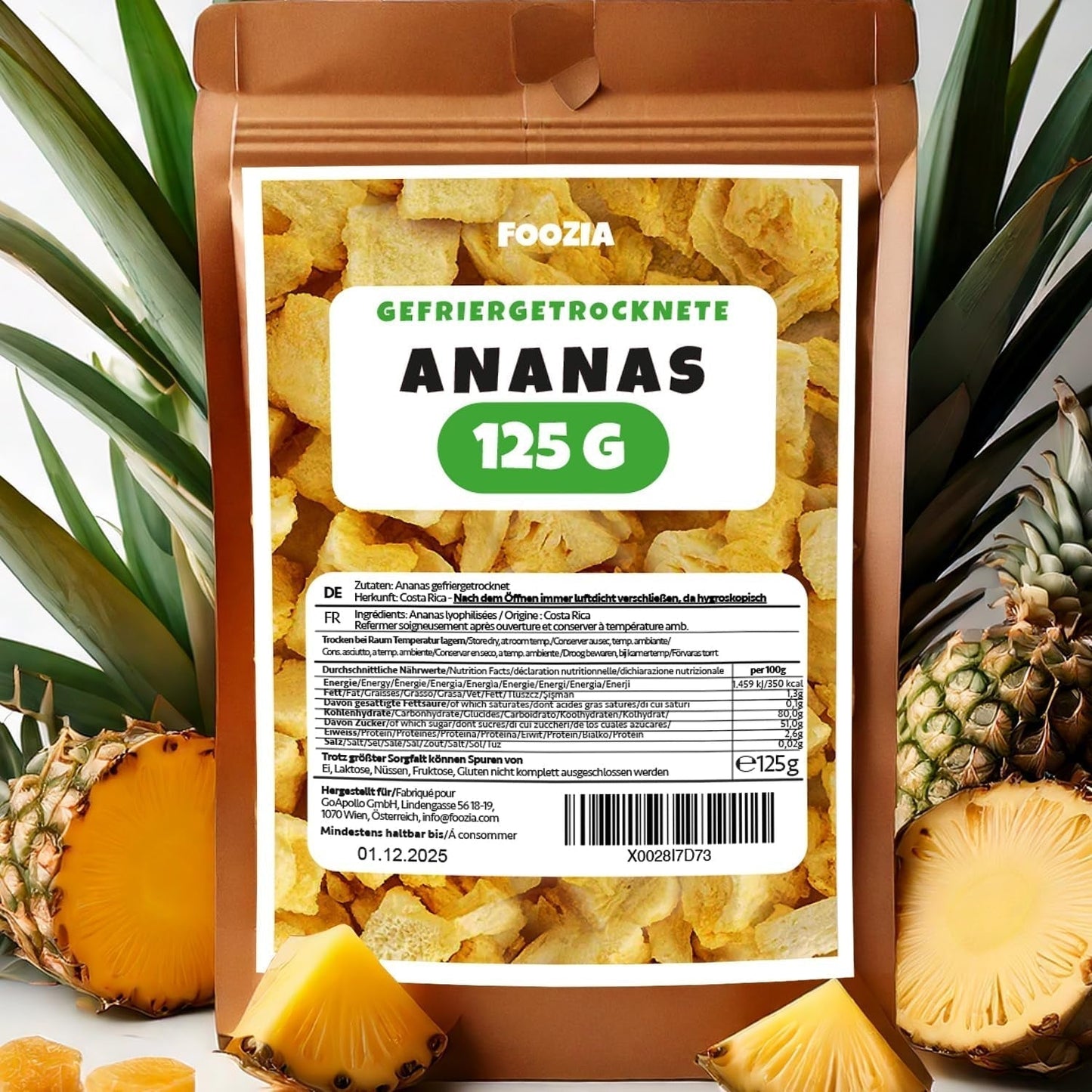 Ananas liofilizzato 125g pezzi grossi, Frutta liofilizzata senza additivi pura al 100% - Frutta secca al naturale - Ananas essiccato, frutta secca Foozia Prodotti disidratati Naty Shop 125G