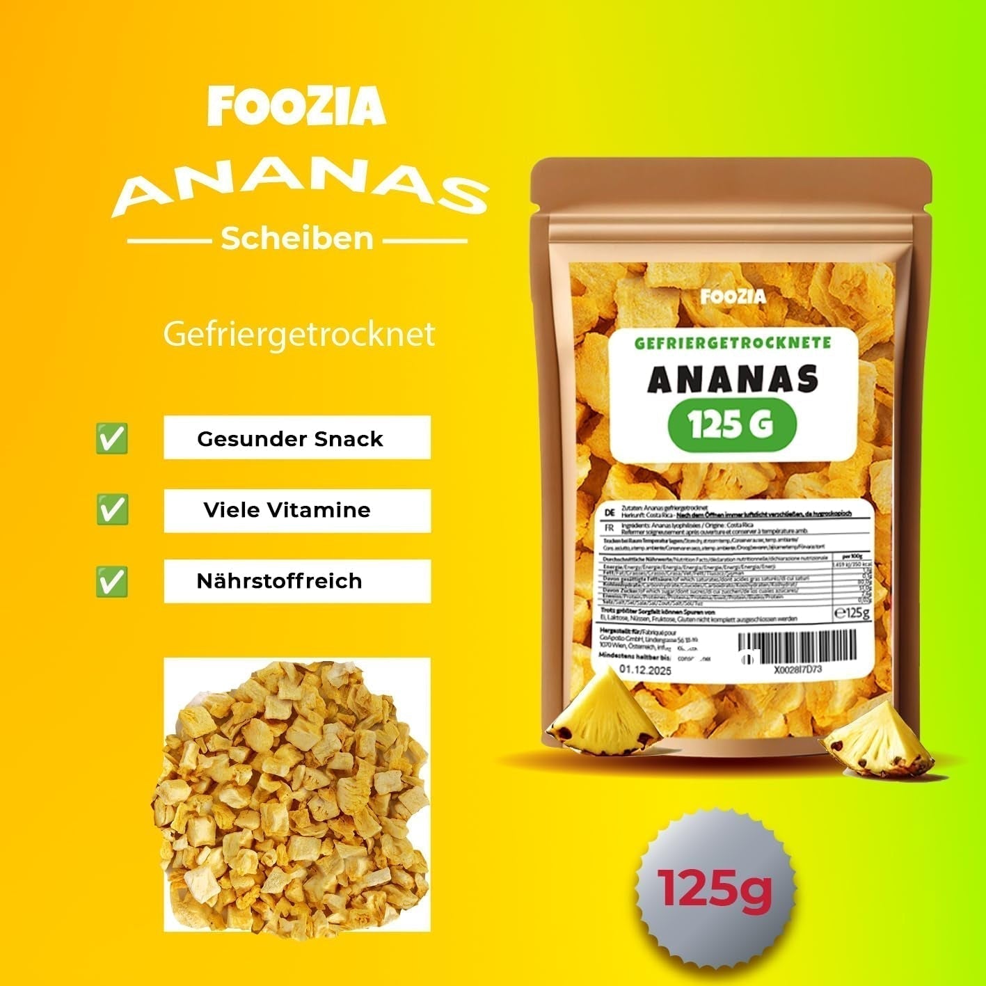Ananas liofilizzato pezzettoni 125g, Frutta liofilizzata senza additivi pura al 100% - Frutta secca al naturale - Ananas essiccato, frutta secca Foozia Prodotti disidratati Naty Shop