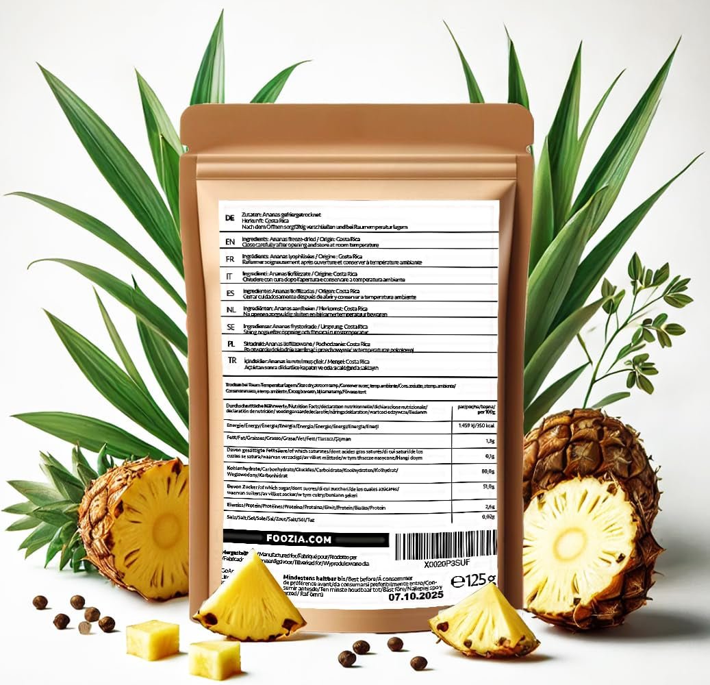 Ananas liofilizzato pezzettoni 125g, Frutta liofilizzata senza additivi pura al 100% - Frutta secca al naturale - Ananas essiccato, frutta secca Foozia Prodotti disidratati Naty Shop