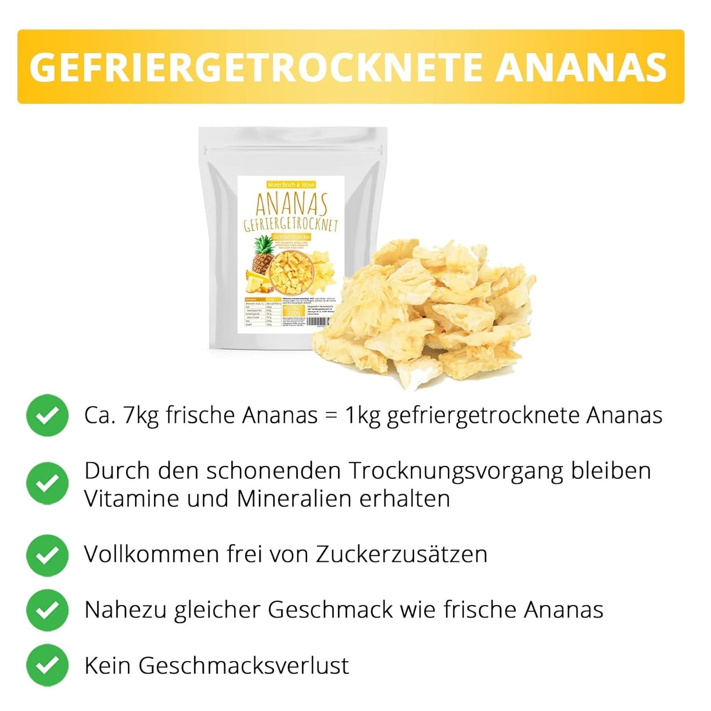 Ananas liofilizzato 250g, pezzi grossi, frutta liofilizzata a fette, ananas non zuccherato, fruttato a pezzi, ananas secco Prodotti disidratati Naty Shop