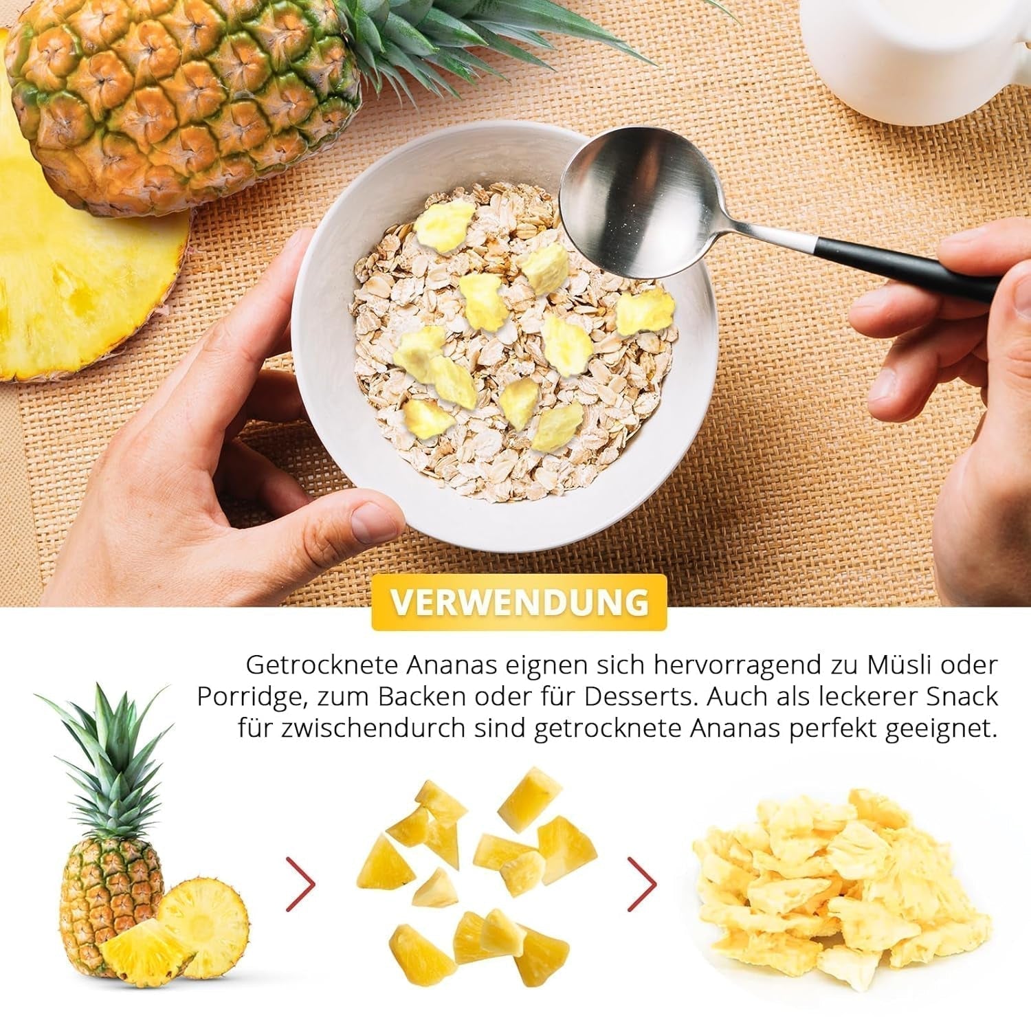 Ananas liofilizzato 250g, pezzi grossi, frutta liofilizzata a fette, ananas non zuccherato, fruttato a pezzi, ananas secco Prodotti disidratati Naty Shop