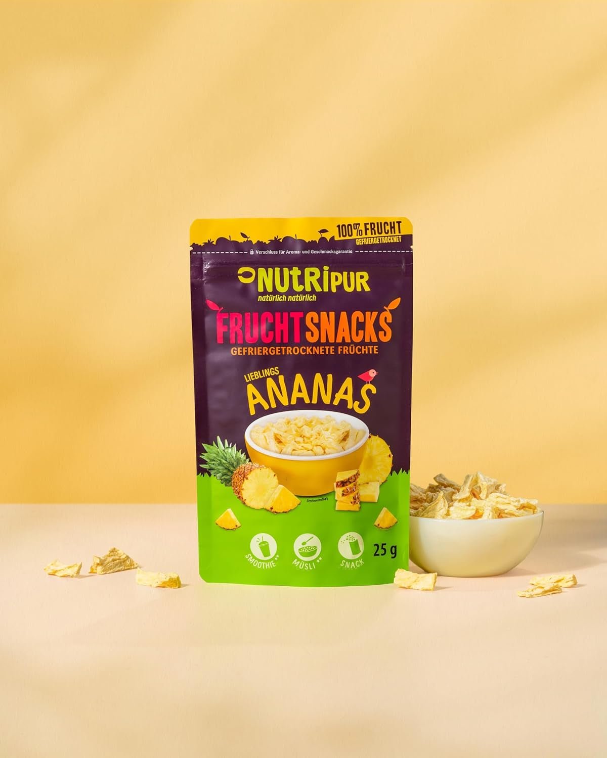 BITS di ananas liofilizzato 100g pezzi grandi per smoothie bowl, muesli, topping per porridge - frutta liofilizzata senza zuccheri aggiunti - ananas essiccato - frutta NutriPur Prodotti disidratati Naty Shop