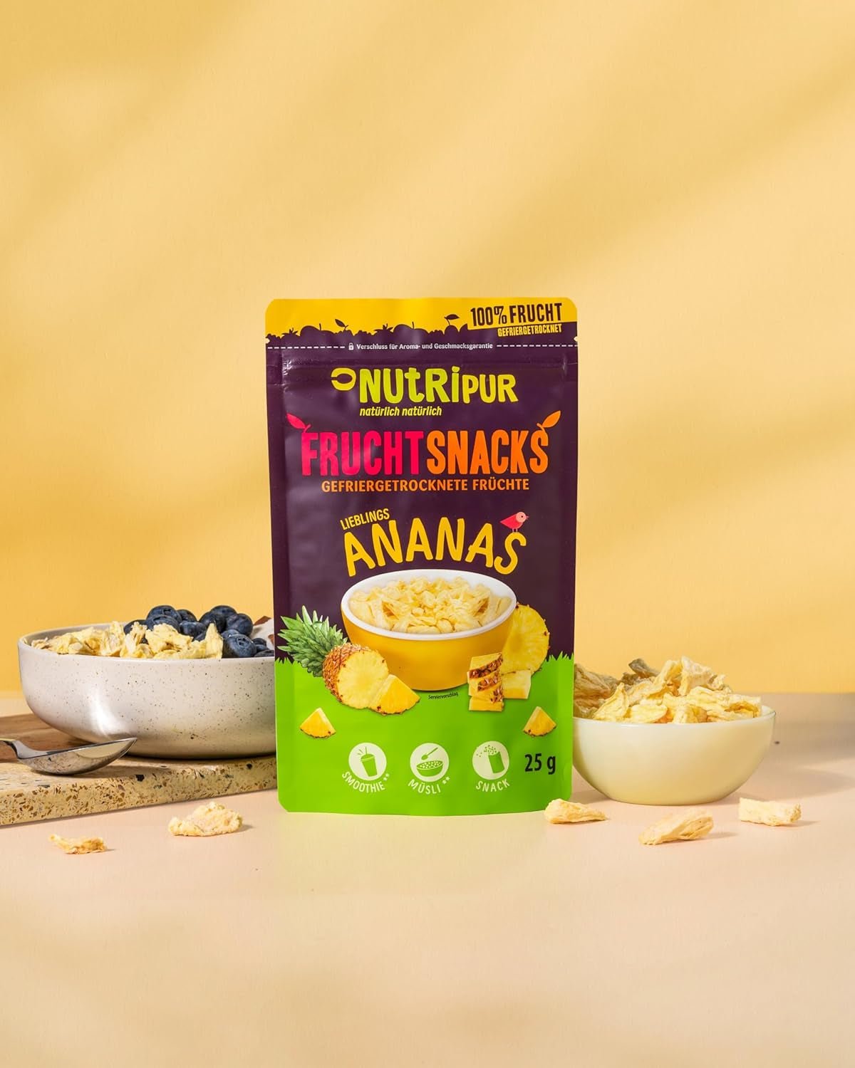 BITS di ananas liofilizzato 100g pezzi grandi per smoothie bowl, muesli, topping per porridge - frutta liofilizzata senza zuccheri aggiunti - ananas essiccato - frutta NutriPur Prodotti disidratati Naty Shop