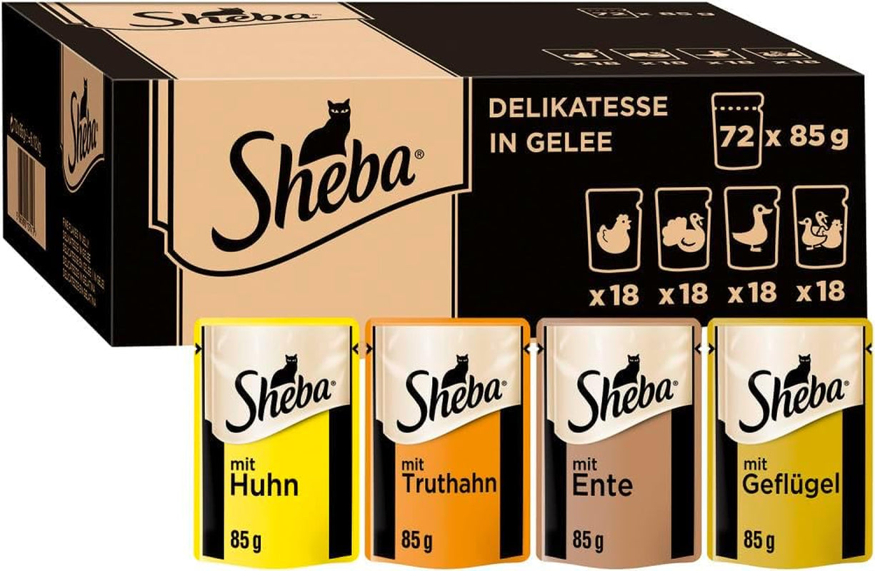 SHEBA Cibo umido per gatti - 72 buste x 85g - Varietà di pollame in gelatina - Cibo umido per gatti - 1 confezione grande