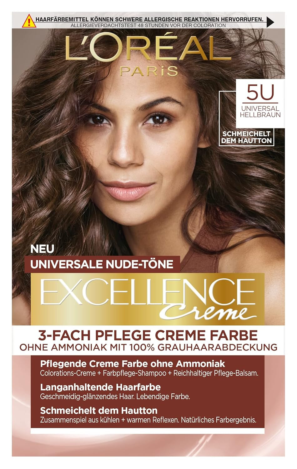 L'Oréal Paris Tintura permanente per capelli per ogni tono di pelle, colorazione senza ammoniaca, toni nude universali con copertura totale dei capelli grigi, Excellence Creme, n. 5U Castano chiaro (marrone), 1 tinta per capelli Naty Shop
