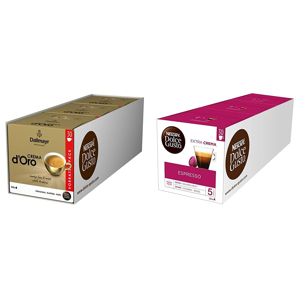 NESCAFÉ Dolce Gusto Dallmayr Crema d'Oro, XXL-Vorratsbox, 90 Kaffeekapseln, 3er Pack (3 x 30 Kapseln) & Espresso, XXL-Vorratsbox, 90 Kaffeekapseln, Aromaversiegelte Kapseln, 3er Pack (3 x 30 Kapseln)
