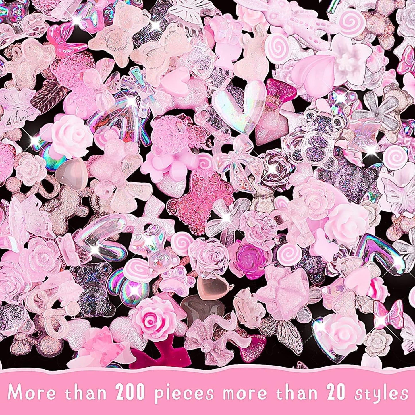200 Pezzi Ciondoli per Nail Art Set di Decorazioni per Nail Art 3D Fiocco per Unghie Ciondolo Rosa Stile Misto Fiocco Fiore Orsacchiotto Lecca-lecca a Forma di Cuore Decorazione per Nail Art Artigianato Fai da Te Nail Design