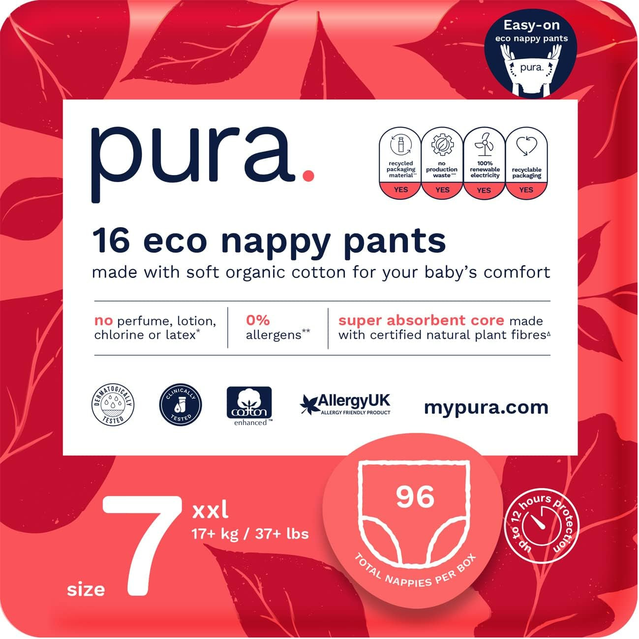 Mutandine ecologiche, taglia 7 (17 kg+), 16 pezzi, biancheria intima usa e getta per pelli sensibili e allergiche, senza profumo, chiusura laterale
