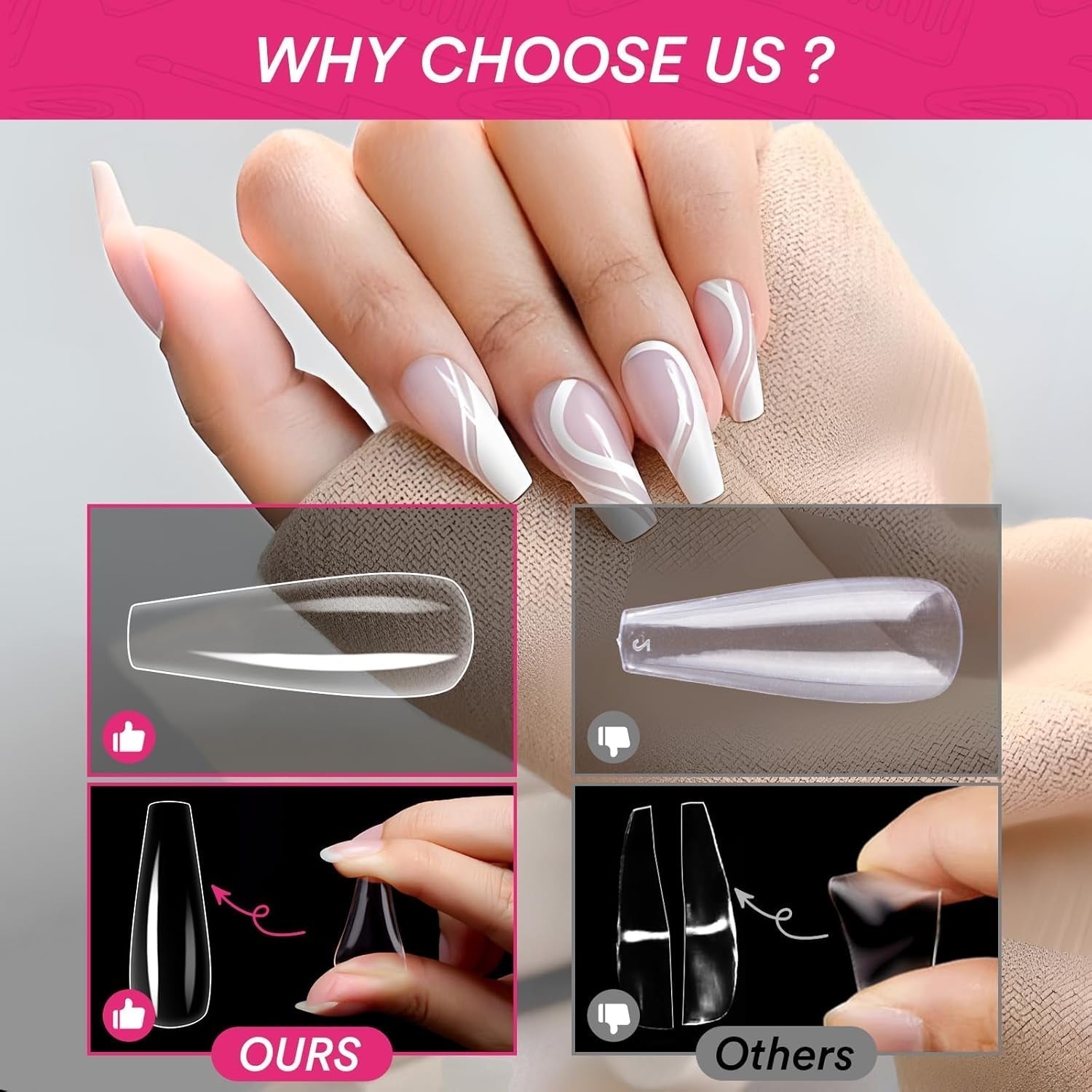Alyvisun Punte per Unghie Balletto, 500 Punte per Unghie Acriliche a Copertura Completa con Set di 240 Adesivi per Unghie, 10 Dimensioni Punte per Unghie in Gel Trasparente Punte per Unghie in Gel Morbido Punte per Unghie Ballerina