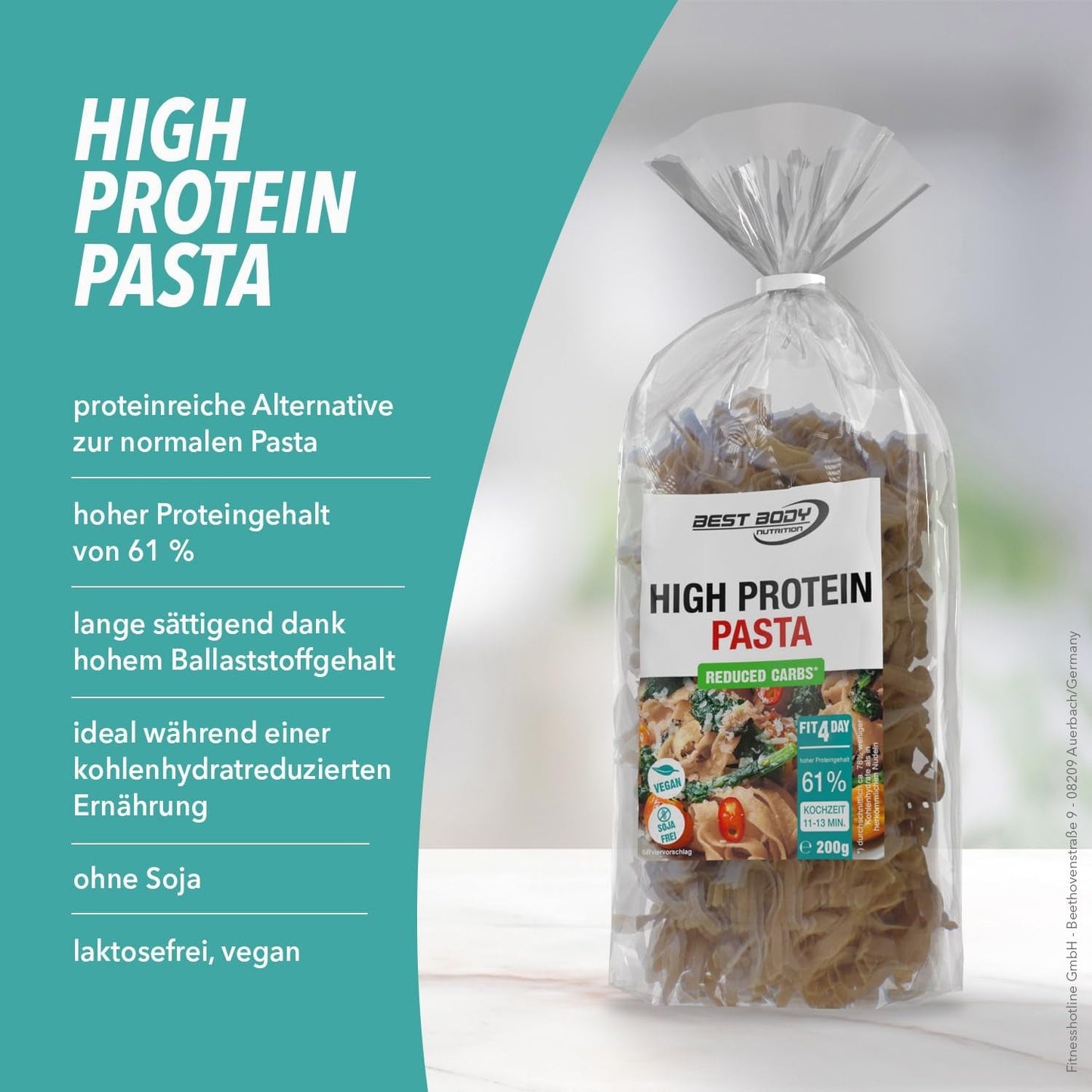 Best Body Nutrition Pasta Proteica 6 x 200g - Tagliatelle ad alto contenuto proteico Fit4Day - 61% di proteine, a basso contenuto di carboidrati, vegani e senza lattosio, senza soia - Proteine ​​del pisello di alta qualità - Per diete a basso contenuto di carboidrati