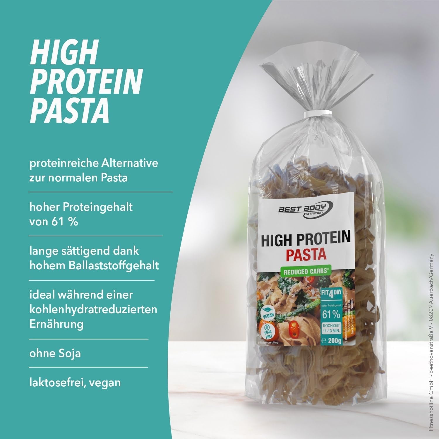 Best Body Nutrition Pasta Proteica 6 x 200g - Tagliatelle ad alto contenuto proteico Fit4Day - 61% di proteine, a basso contenuto di carboidrati, vegani e senza lattosio, senza soia - Proteine ​​del pisello di alta qualità - Per diete a basso contenuto di carboidrati