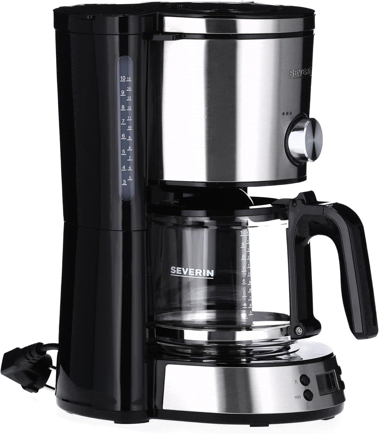 Macchina per caffè espresso SEVERIN "TypeSwitch" con caraffa in vetro e timer, AromaSwitch per scegliere 2 opzioni di erogazione, orologio digitale con funzione timer, per un massimo di 10 tazze, 1000 W, acciaio inossidabile spazzolato-nero, KA 4826