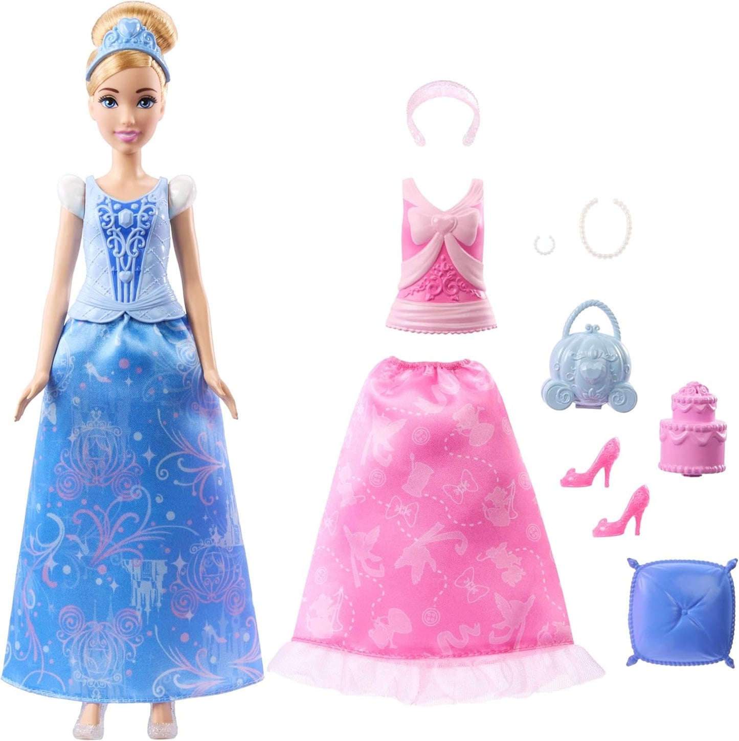 Mattel Disney Princess Toys Bambola fashion Cenerentola con 2 abiti, 9 accessori, 2 top con clip e 2 gonne. Poveşti 2 in 1 ispira il film Disney, JCR95