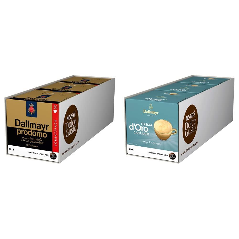NESCAFÉ Dolce Gusto Dallmayr Prodomo, XXL-Vorratsbox, 90 Kaffeekapseln (3 x 30 Kapseln) e Dallmayr Crema d'Oro Caffè Latte (48 Kaffeekapseln, 48 Getränke, cremig&ausgefungen) Confezione da 3 (3 x 16 Kapseln)