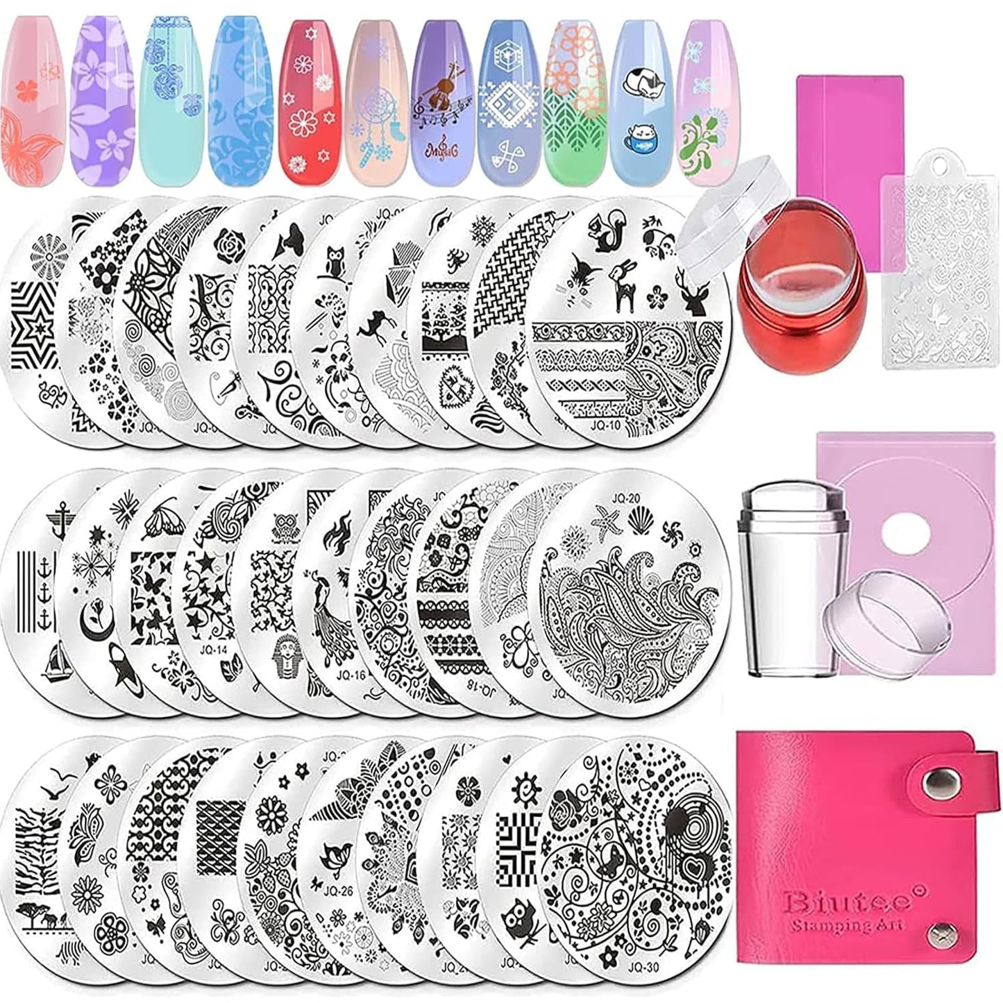 Biutee Nail Stamper 30 Pezzi Set Timbri Unghie Template Unghie Stampi Unghie Animali Fiori Immagini Piastra per timbri unghie con 2 timbri 2 raschietti Accessori per design unghie Timbro per unghie French