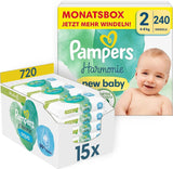 Set pannolini per bambini Harmonie misura 2 (4-8 kg, 240 pezzi) SCATOLA MENSILE e scatola di salviette umidificate Harmonie Aqua Baby 720 salviette (15 x 48), Baby Essentials