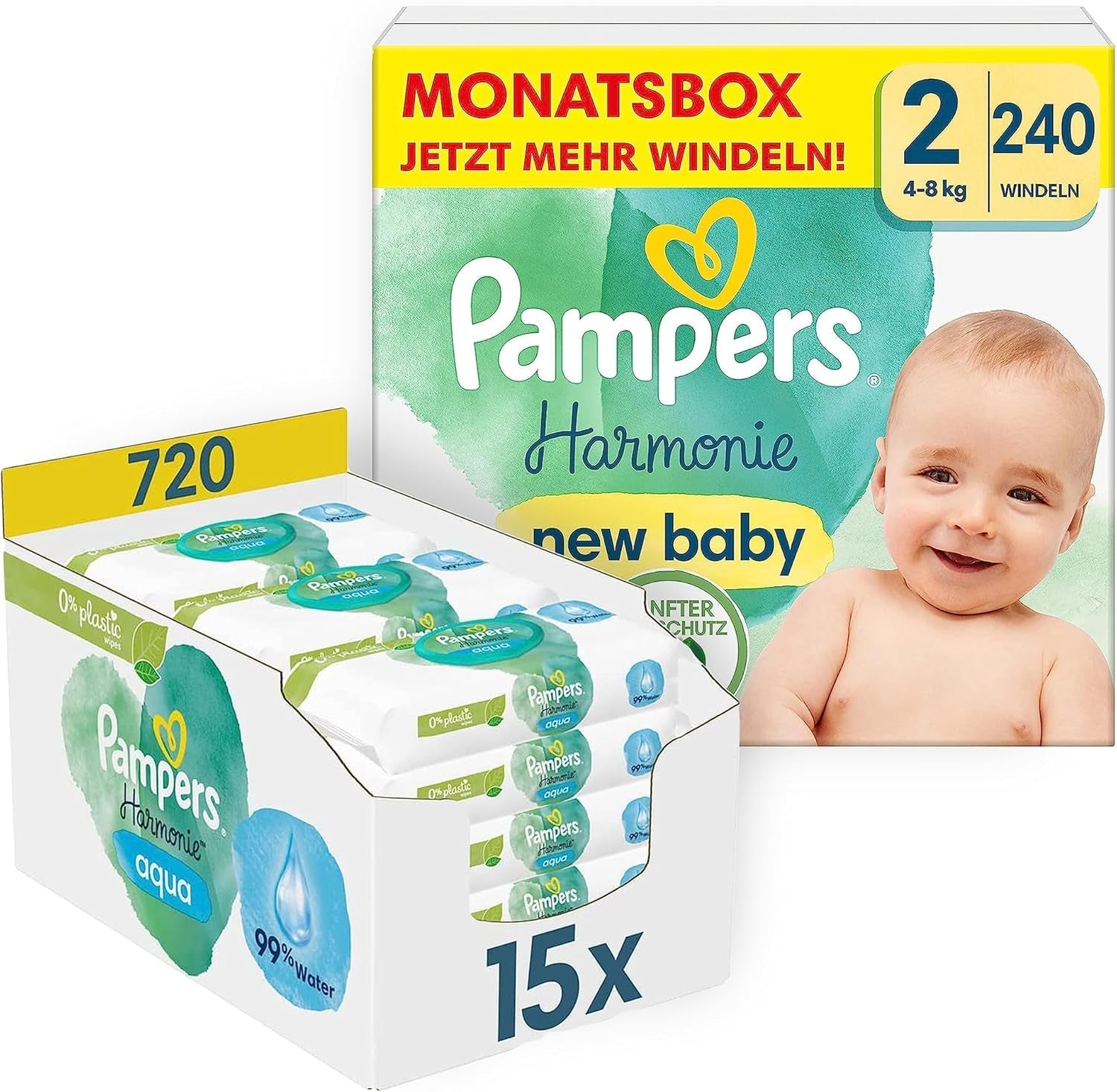 Set pannolini per bambini Harmonie misura 2 (4-8 kg, 240 pezzi) SCATOLA MENSILE e scatola di salviette umidificate Harmonie Aqua Baby 720 salviette (15 x 48), Baby Essentials