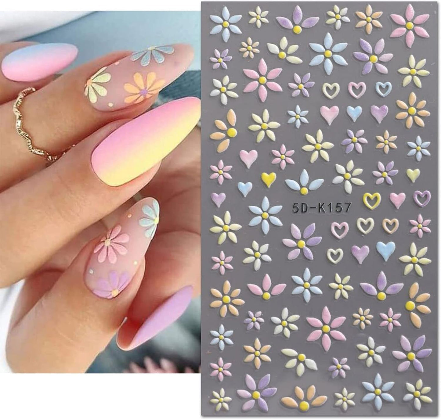 JMEOWIO 3D Nagelsticker Blume Frühlings Nail Art Sticker Self-klebend Nagelaufkleber 5D Stereoscopico Estate Bunter Blumen Dekoration Nageldesign Zubehör 4 Blatt