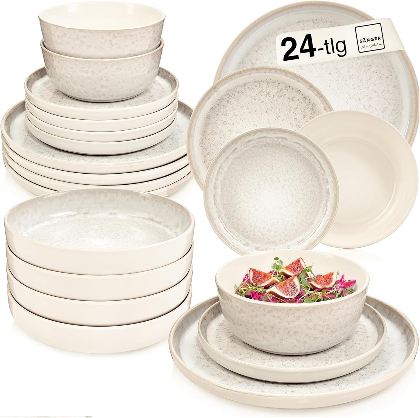 SÄNGER Key West | Set di stoviglie in gres Set di piatti piani da 24 pezzi per 6 6 piatti piani Ciotole per cereali Piatti da dessert Ciotole per pasta Stoviglie per panna con texture sabbia | LA COLLEZIONE DI VALORE