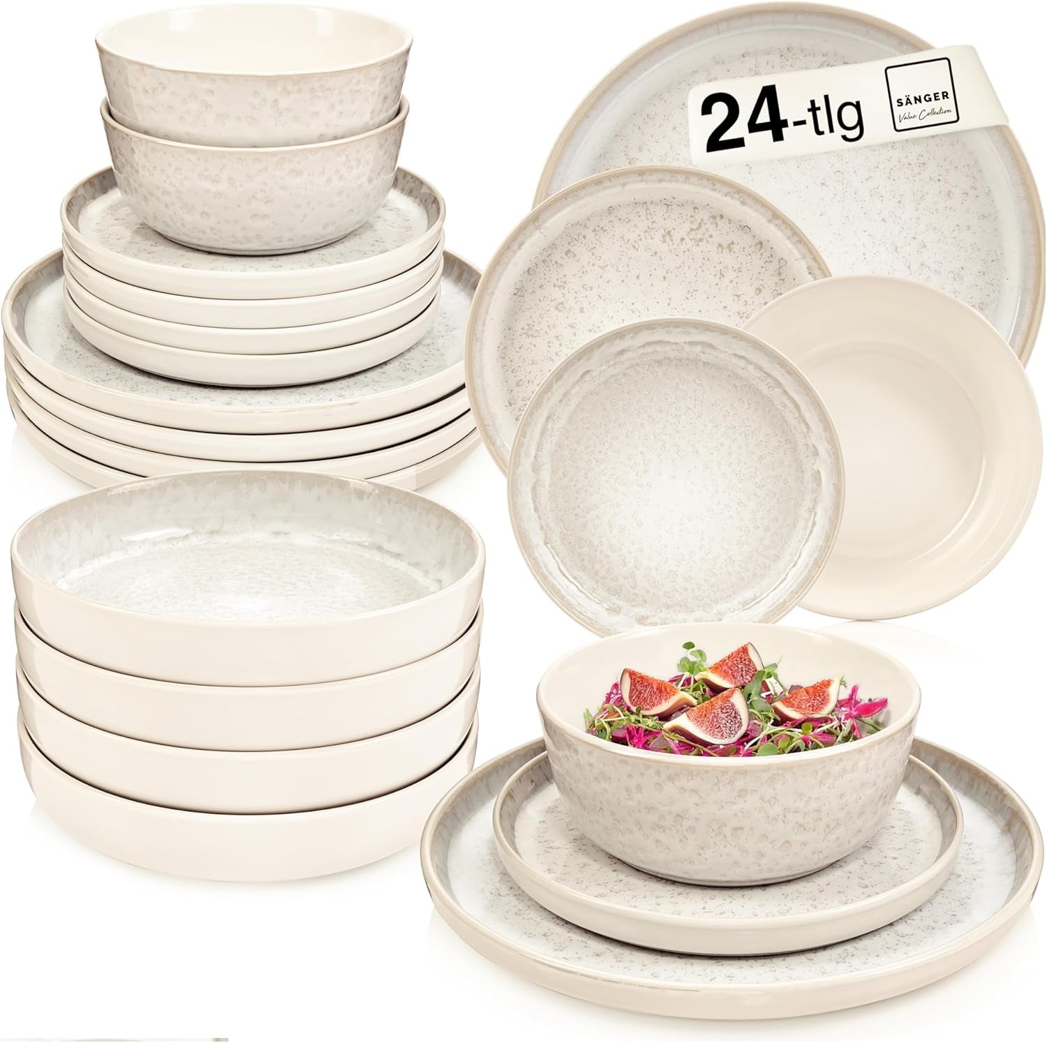 SÄNGER Key West | Set di stoviglie in gres Set di piatti piani da 24 pezzi per 6 6 piatti piani Ciotole per cereali Piatti da dessert Ciotole per pasta Stoviglie per panna con texture sabbia | LA COLLEZIONE DI VALORE