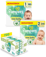Set pannolini per bambini Harmonie Aqua Taglia 1 (2-5 kg, 180 pezzi), Taglia 2 (4-8 kg, 240 pezzi), Scatola Half Moon e salviette per neonati Aqua, 720 salviette (15 x 48), Baby Starter Kit
