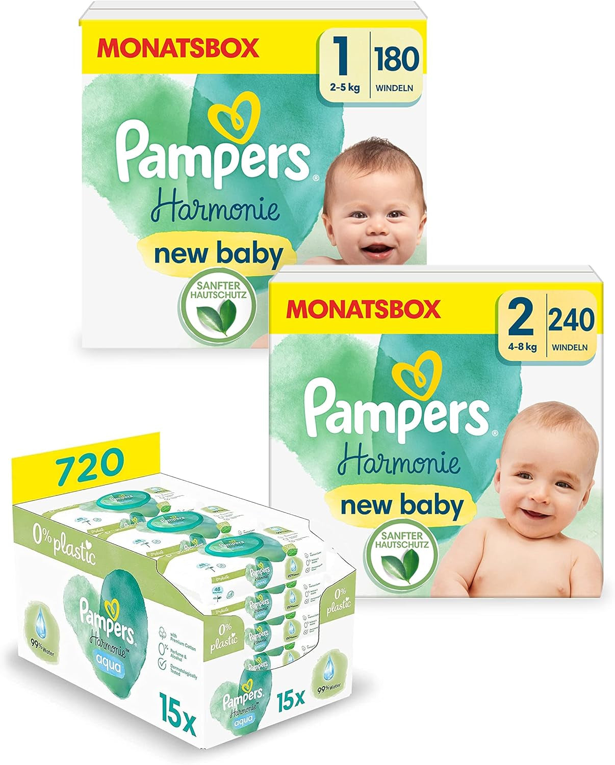 Set pannolini per bambini Harmonie Aqua Taglia 1 (2-5 kg, 180 pezzi), Taglia 2 (4-8 kg, 240 pezzi), Scatola Half Moon e salviette per neonati Aqua, 720 salviette (15 x 48), Baby Starter Kit