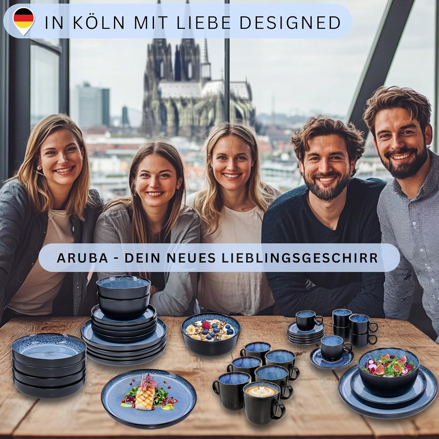 SÄNGER Aruba | Servizio Piatti in Gres per 6, 6 Piatti Piani, 6 Piatti Colazione, 6 Piatti Piani, 6 Ciotole Pasta, Blu con Bordo Nero | LA COLLEZIONE DI VALORE