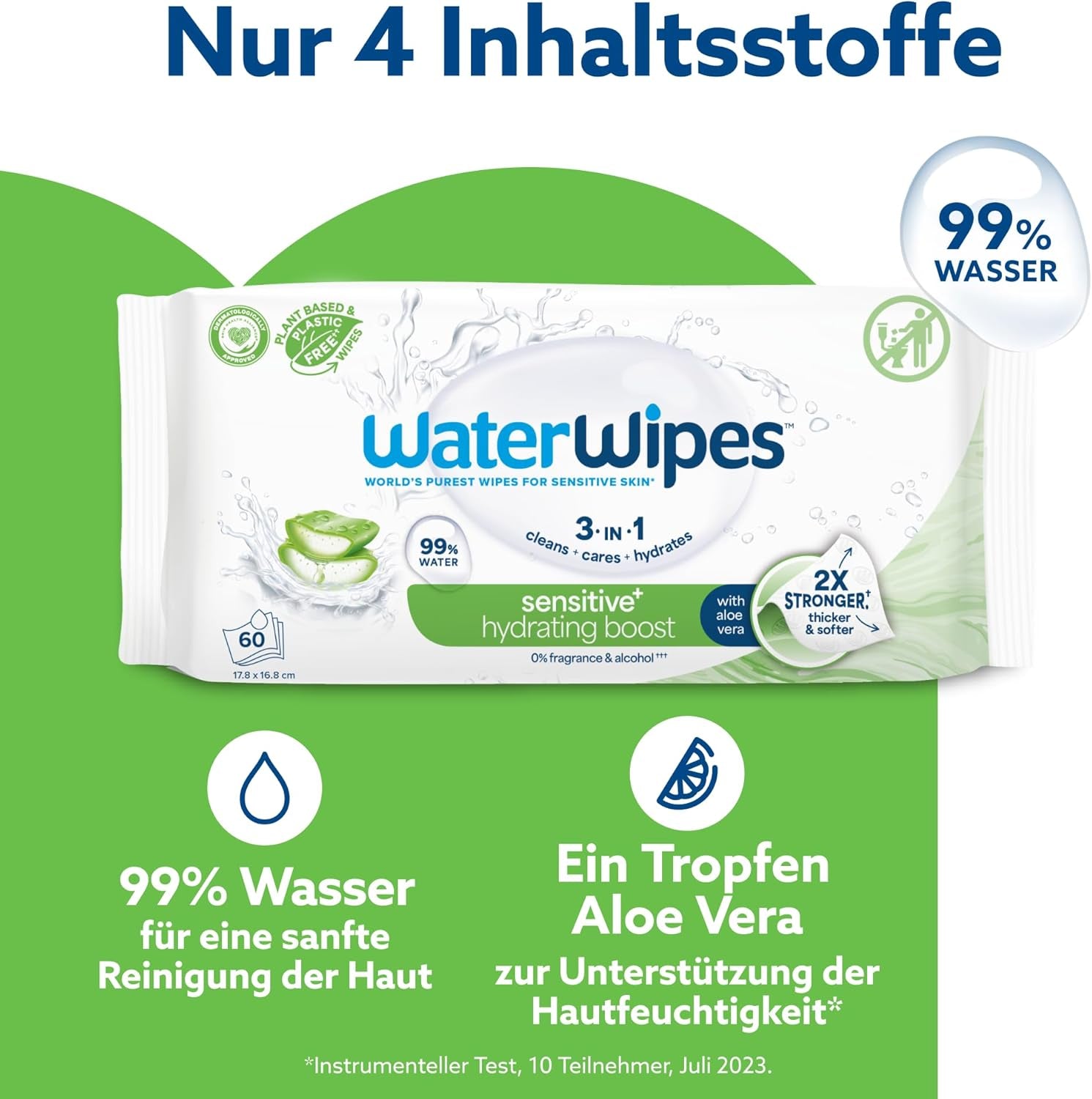 Salviette umidificate WaterWipes Sensitive+ Hydrating Boost, salviette idratanti, 720 unità (confezione da 12), 3 in 1 per pulire, curare, idratare, acqua di aloe vera al 99%, salviette per neonati senza profumazione