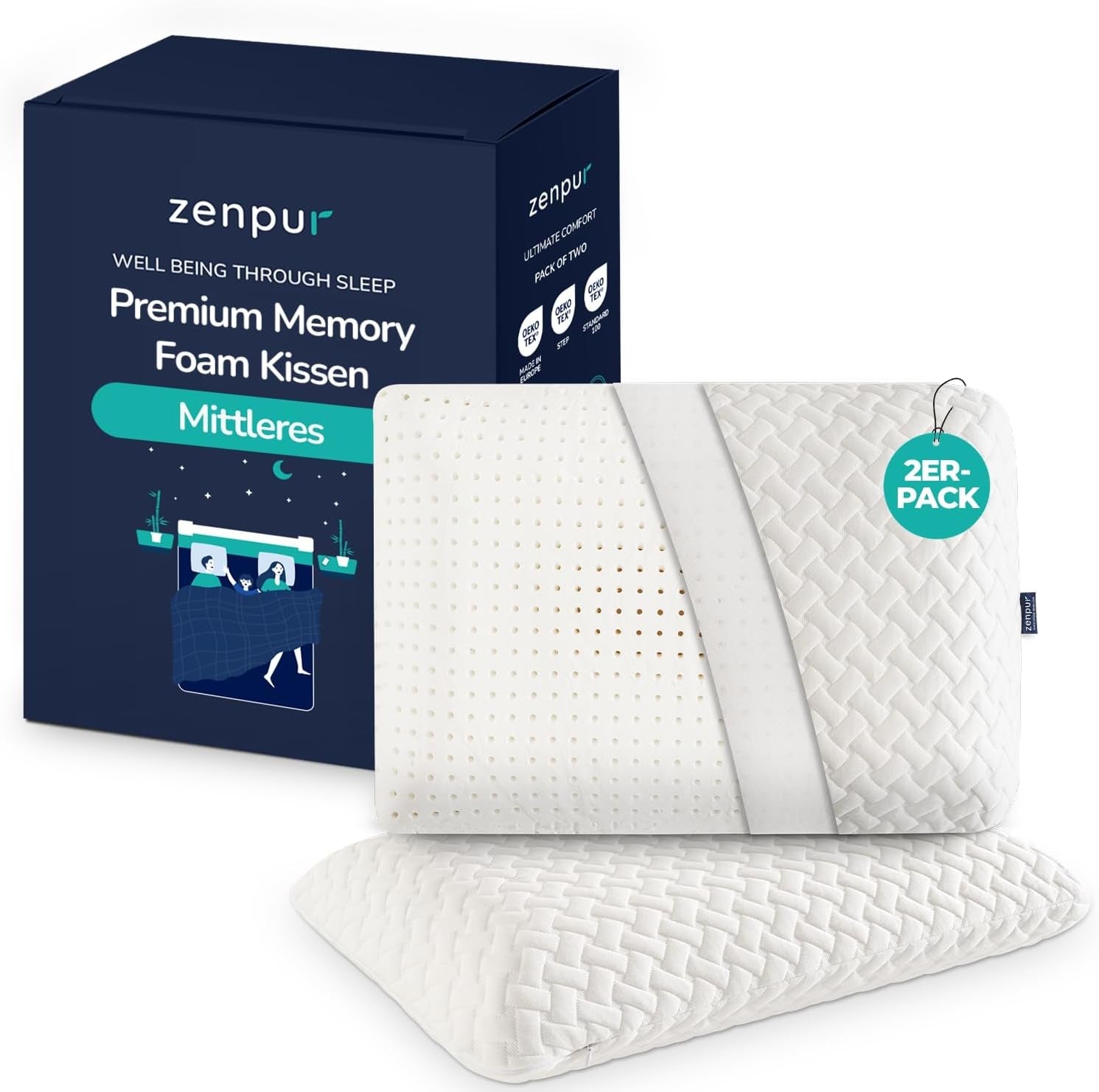 Set di 2 cuscini per il sostegno del collo 40X60-13 Cm - Cuscino per dormire ergonomico per collo e spalle, certificato Oeko-Tex Cuscini ortopedici cervicali Naty Shop Medium Confezione da 2 40 X 60 X 13 Cm