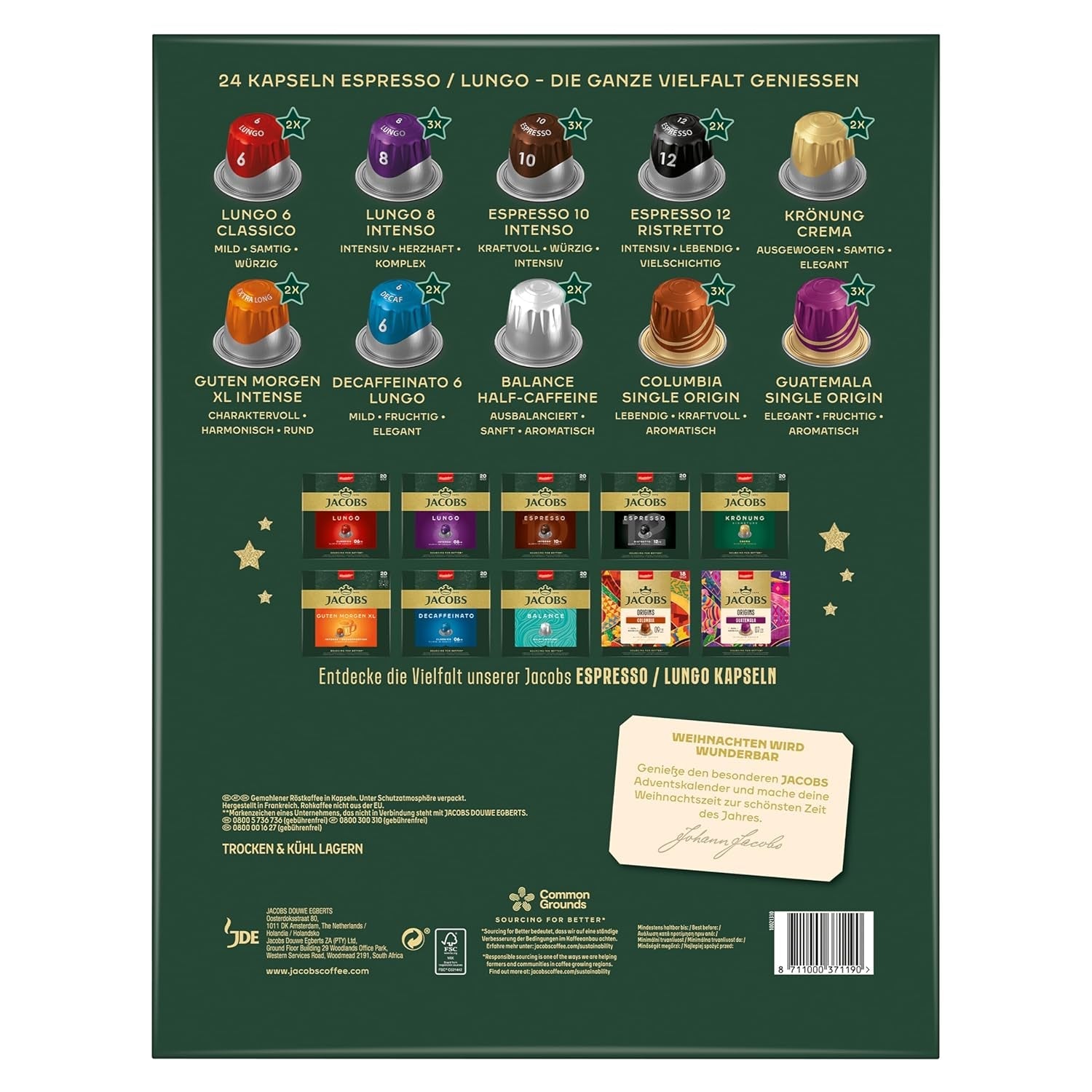 Jacobs Kapsel Adventskalender, 24 Espresso/Lungo Kapseln, Nespresso* compatibile Kaffee Kapseln, 24 Kapseln