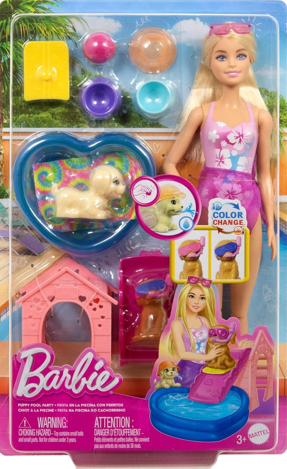 Barbie Puppy Pool Party Playset con bambola alla moda, cuccia e scivolo, piscina a forma di cuore, 2 personaggi di cani, 6 accessori e cambia colore, JBF35
