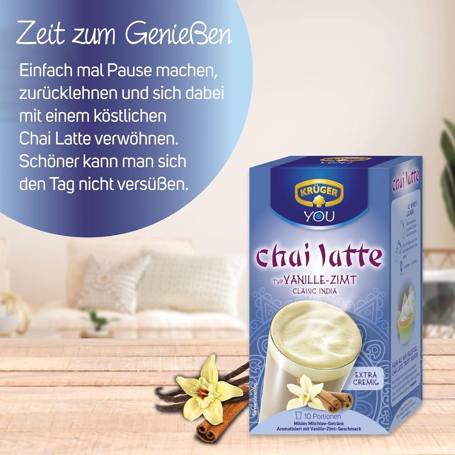 KRÜGER YOU Chai Latte Vanilla Cinnamon, preparato istantaneo per bevande a base di latte, aromatizzato con vaniglia e cannella, 250 g (10 buste da 25 g)