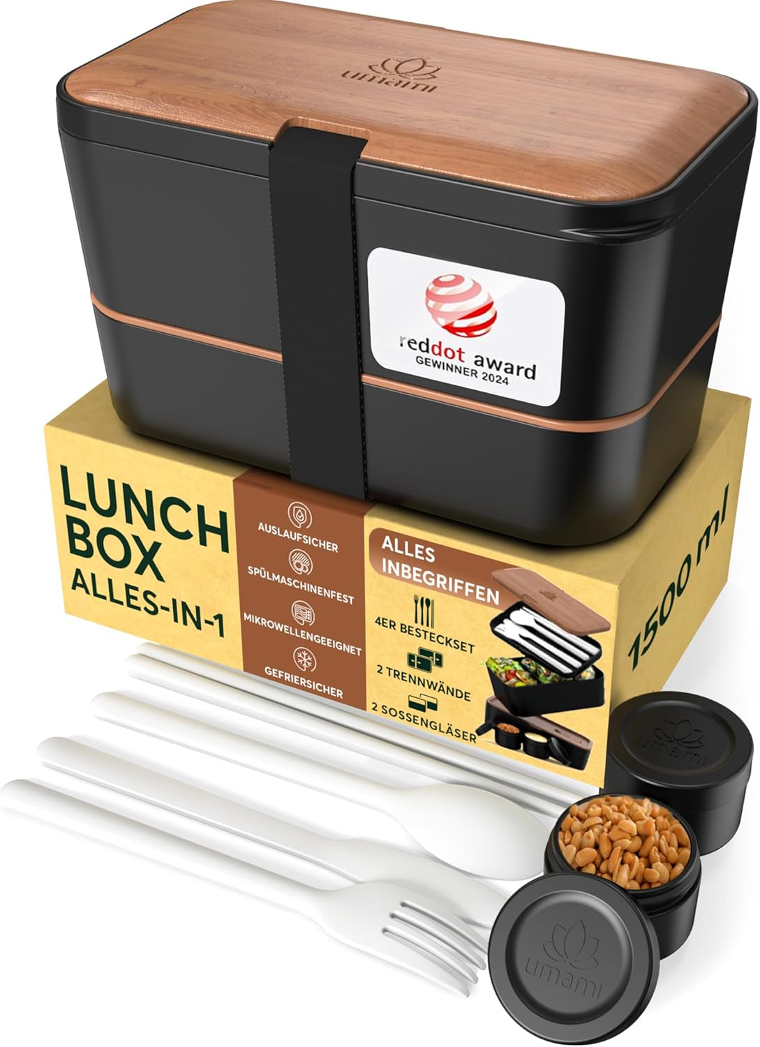 Portapranzo Umami per adulti, Bento Box impilabile a tenuta stagna con 4 posate e scomparti, Portapranzo per adulti, Contenitore per insalata da asporto, Portapranzo da picnic/ufficio, Grigio antracite, 1500 ml