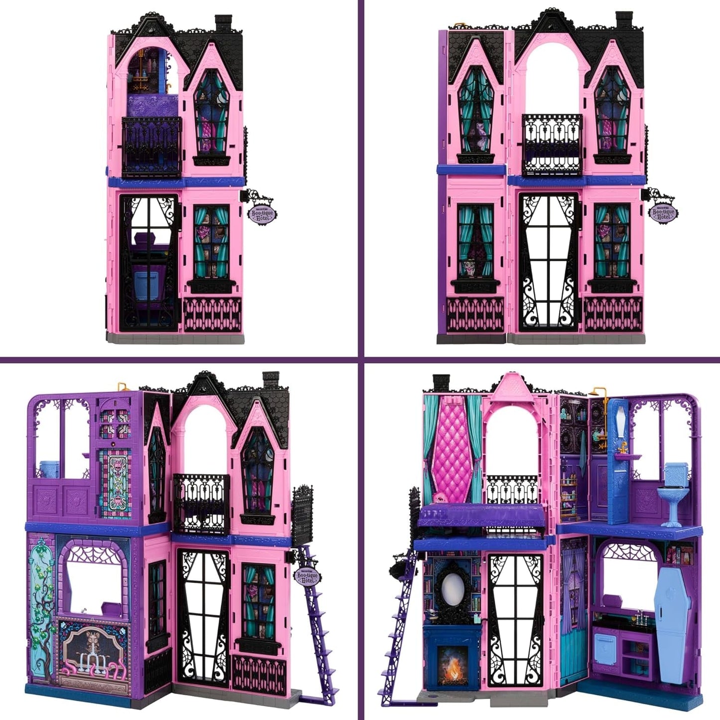Casa delle bambole Monster High Buh-tique Hotel, set da gioco pieghevole con sorprese spaventose in ogni stanza e oltre 13 set da gioco, inclusi mobili e accessori, JBF16